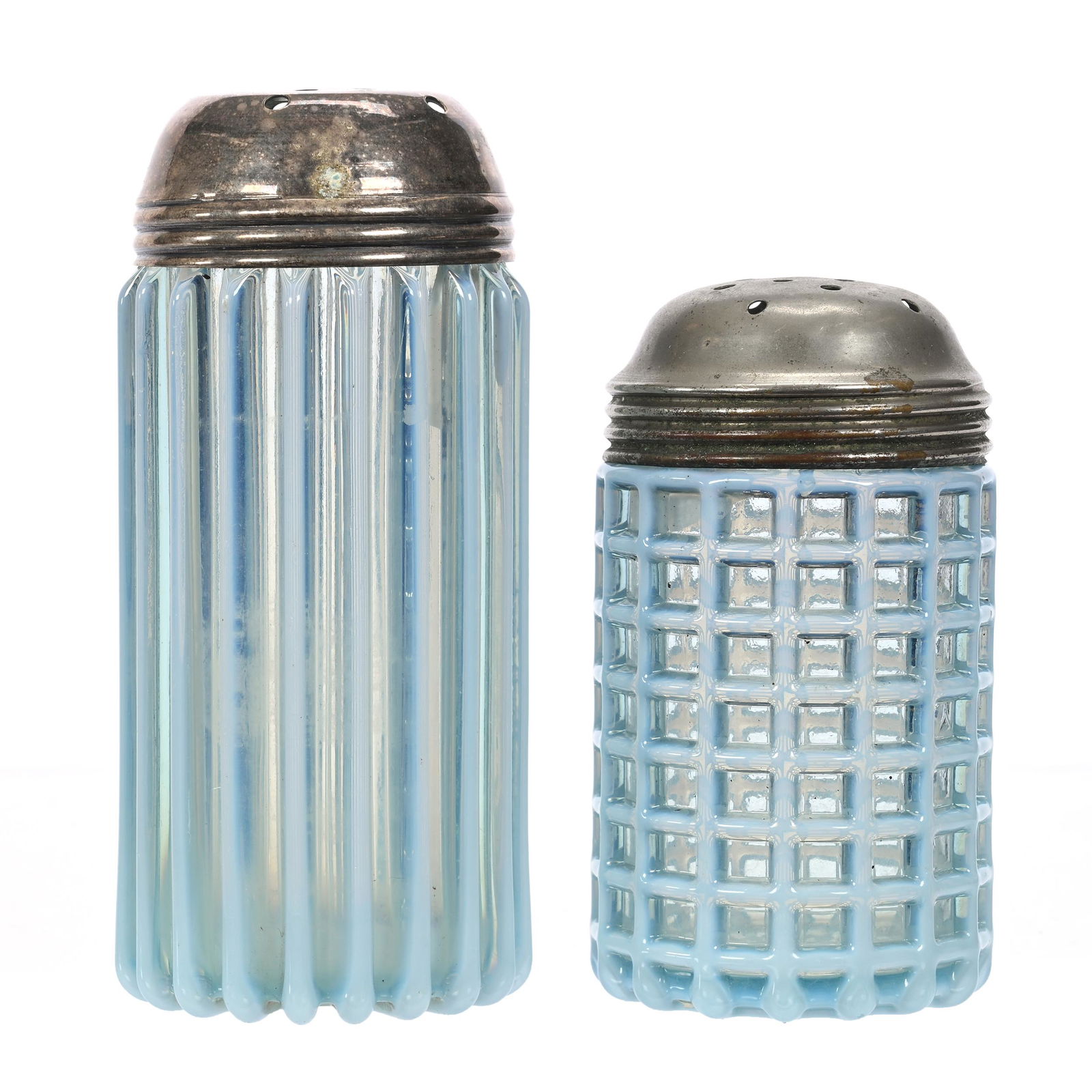 (2) Sugar Shakers, Blue Opalescent Pattern Glass (1 of 3)