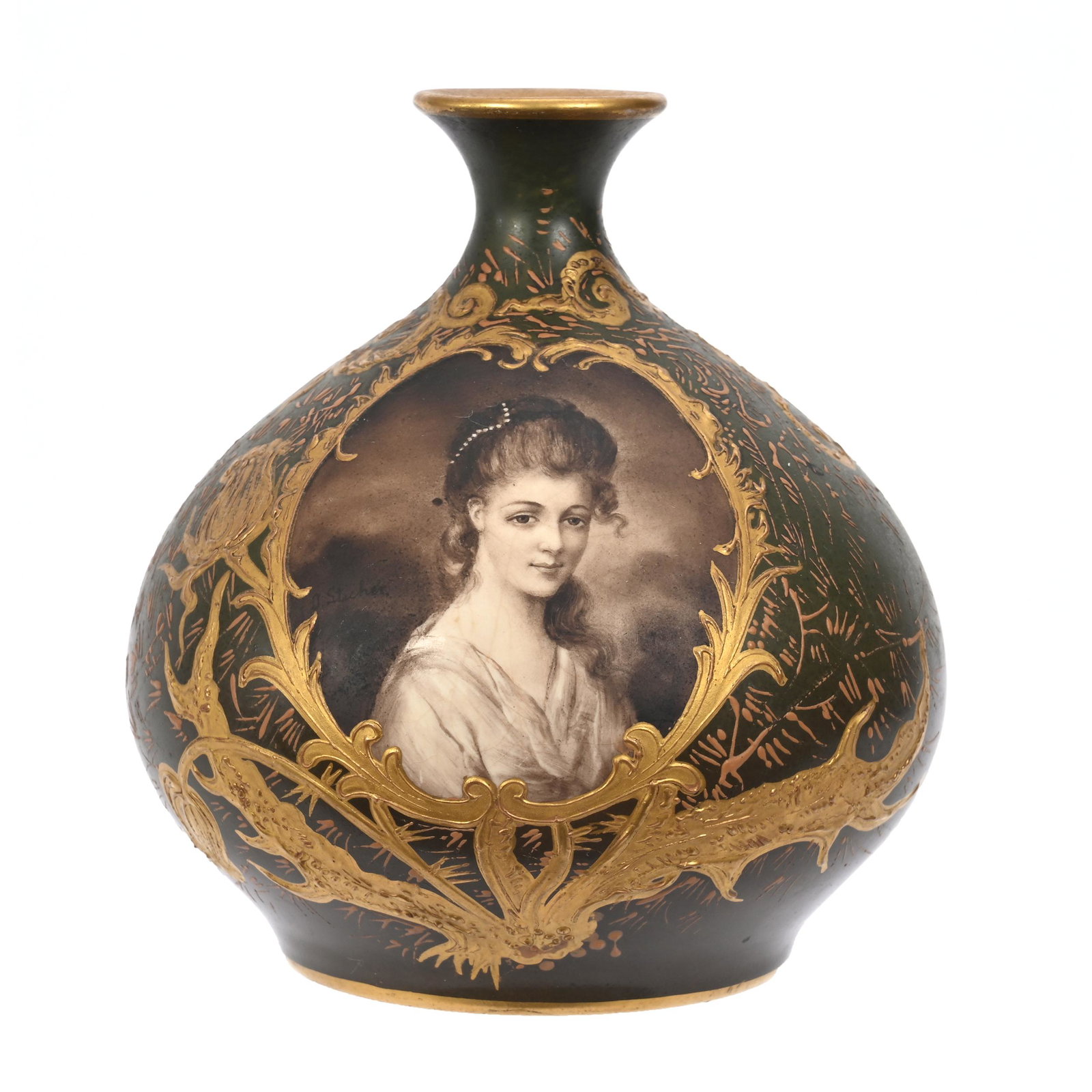 Vase Marked Royal Bonn: Vase Marked Royal Bonn, 5.25" x 4.75", Dark Green Ground, Sepia Tone Portrait Of Young Woman, Ornate Gold Enamel Thistle Highlights, Elfriede & Marvin Miller Estate, ND.