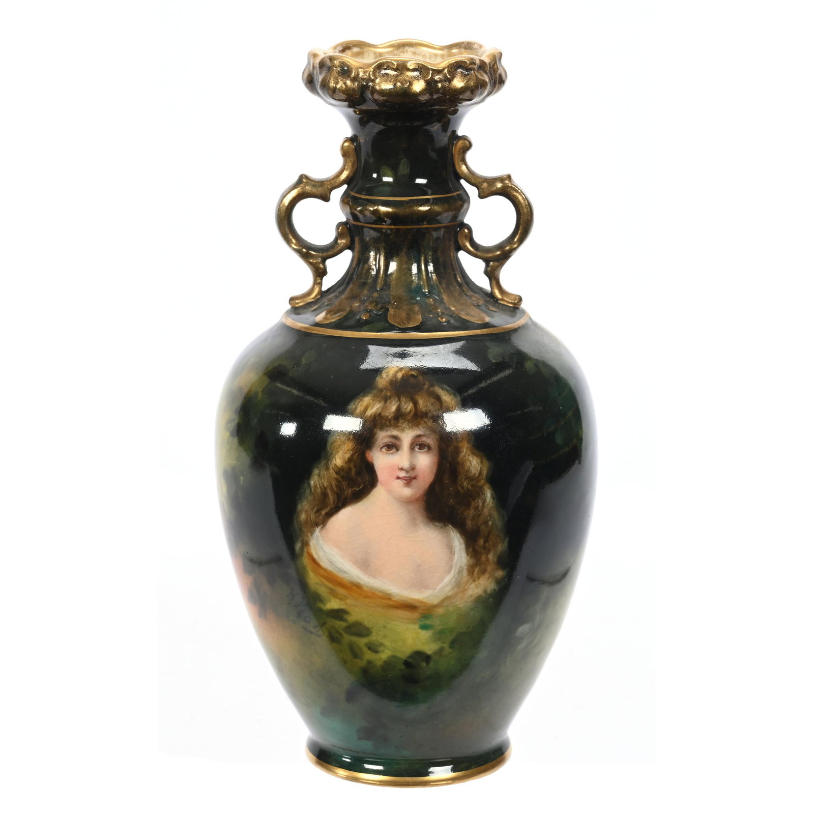 Vase Marked Royal Bonn, Two Handles: Vase Marked Royal Bonn, Two Handles, 8" x 4", Green And Yellow Tones, Portrait Of Young Woman, Gold Trim Highlights, Artist Signed, Elfriede & Marvin Miller Estate, ND.
