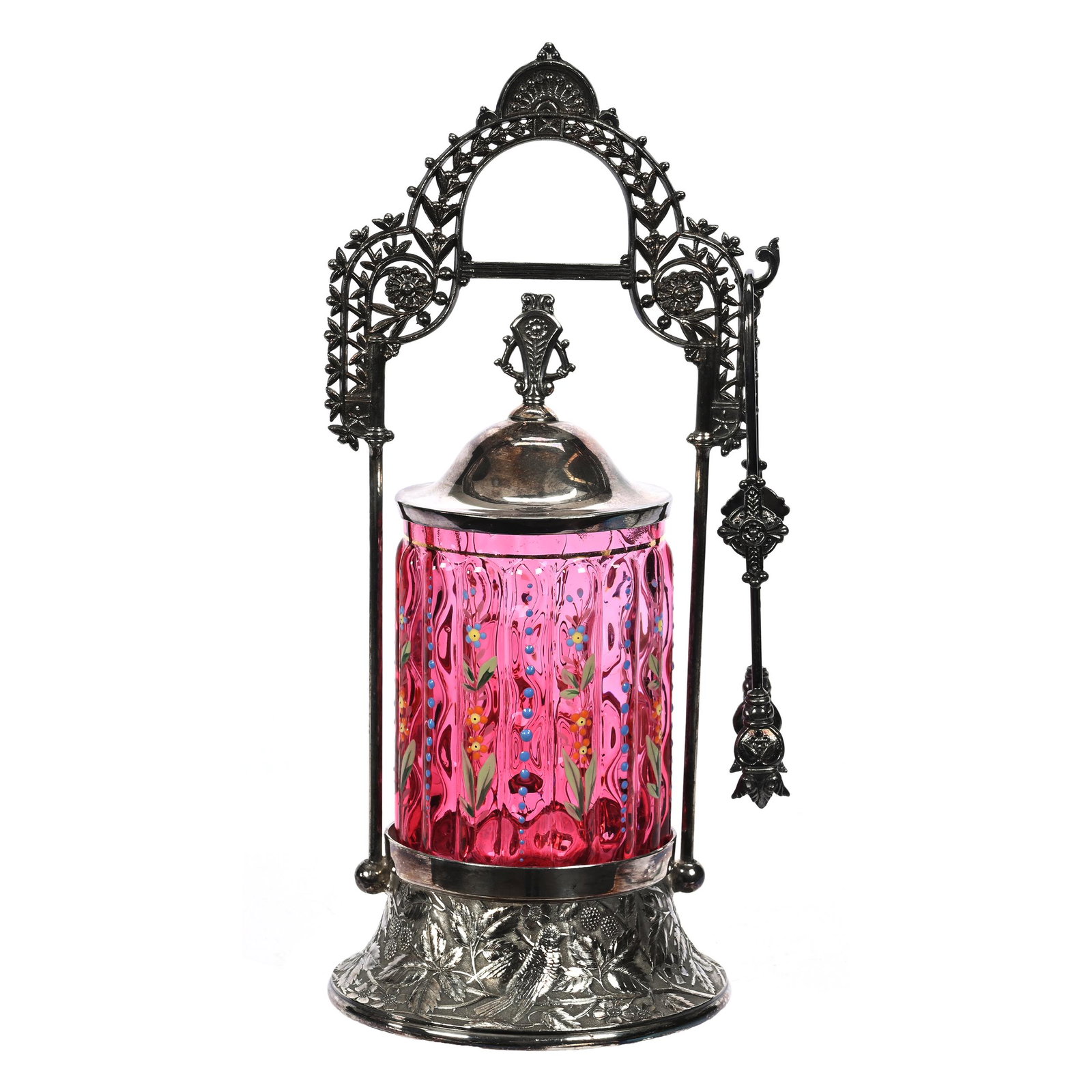 Victorian Pickle Castor: Victorian Pickle Castor, 11.5" x 4.5", Cranberry Ribbed Coinspot Art Glass Insert, Enamel Floral Decor, Set On Meriden #230 Silverplate Frame, Ron Blessing Estate.