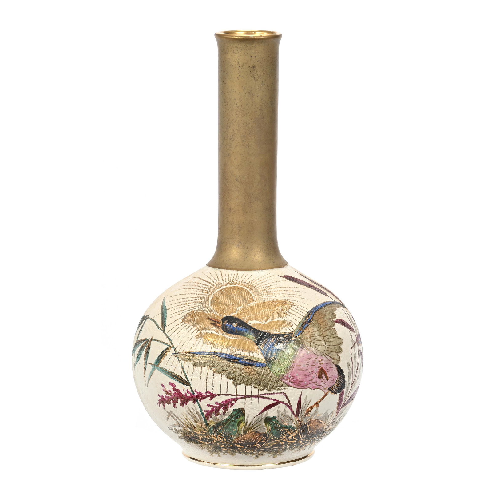 Vase Marked Royal Bonn: Vase Marked Royal Bonn, 11.75" x 6.25", White Textured Body, Colorful Duck And Frog Scenic Decor, Elfriede & Marvin Miller Estate, ND.