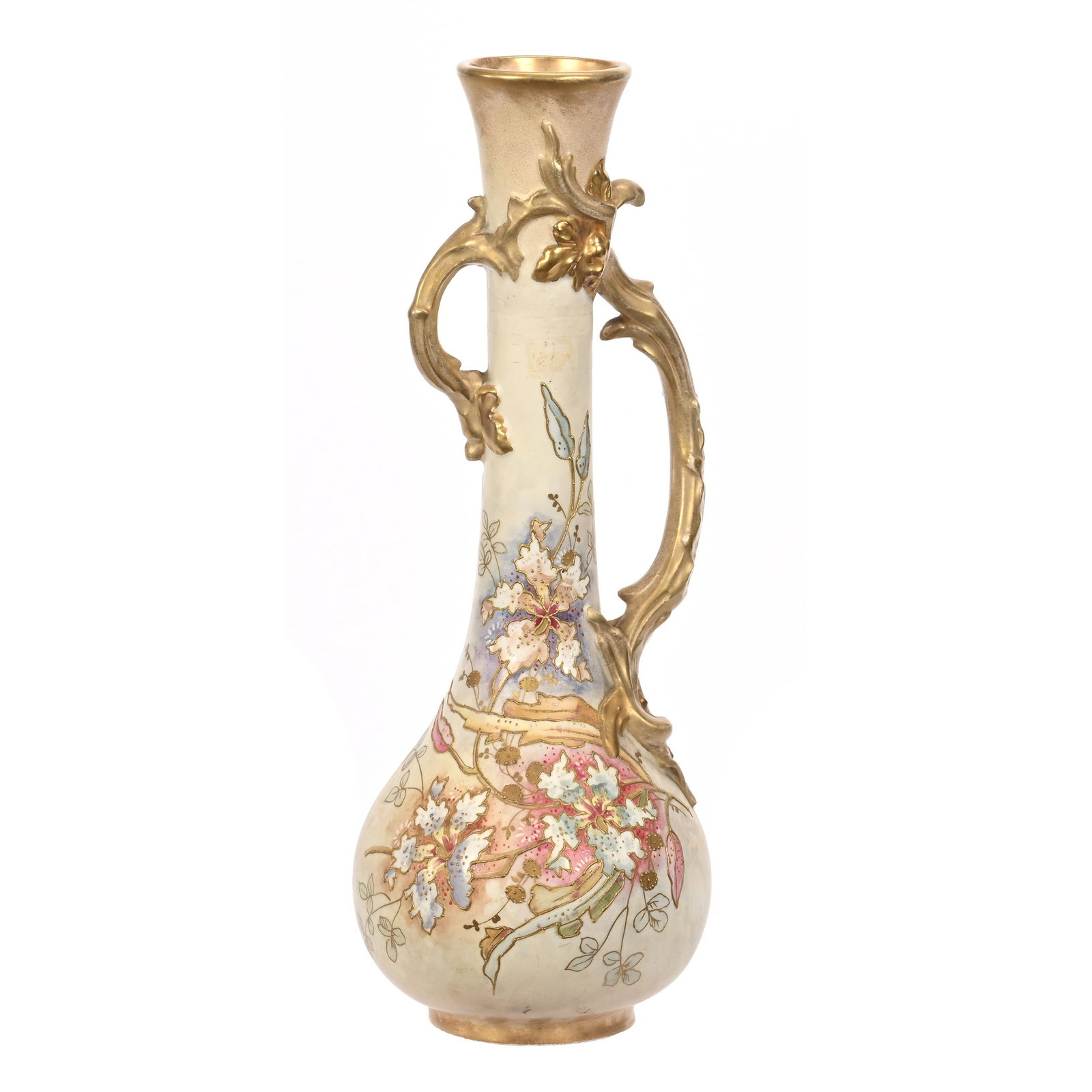 Vase Marked Royal Bonn, Two Handles: Vase Marked Royal Bonn, Two Handles, 12.5" x 4.75", Cream Tones, Colorful Floral Decor, Figural Handles, Elfriede & Marvin Miller Estate, ND.