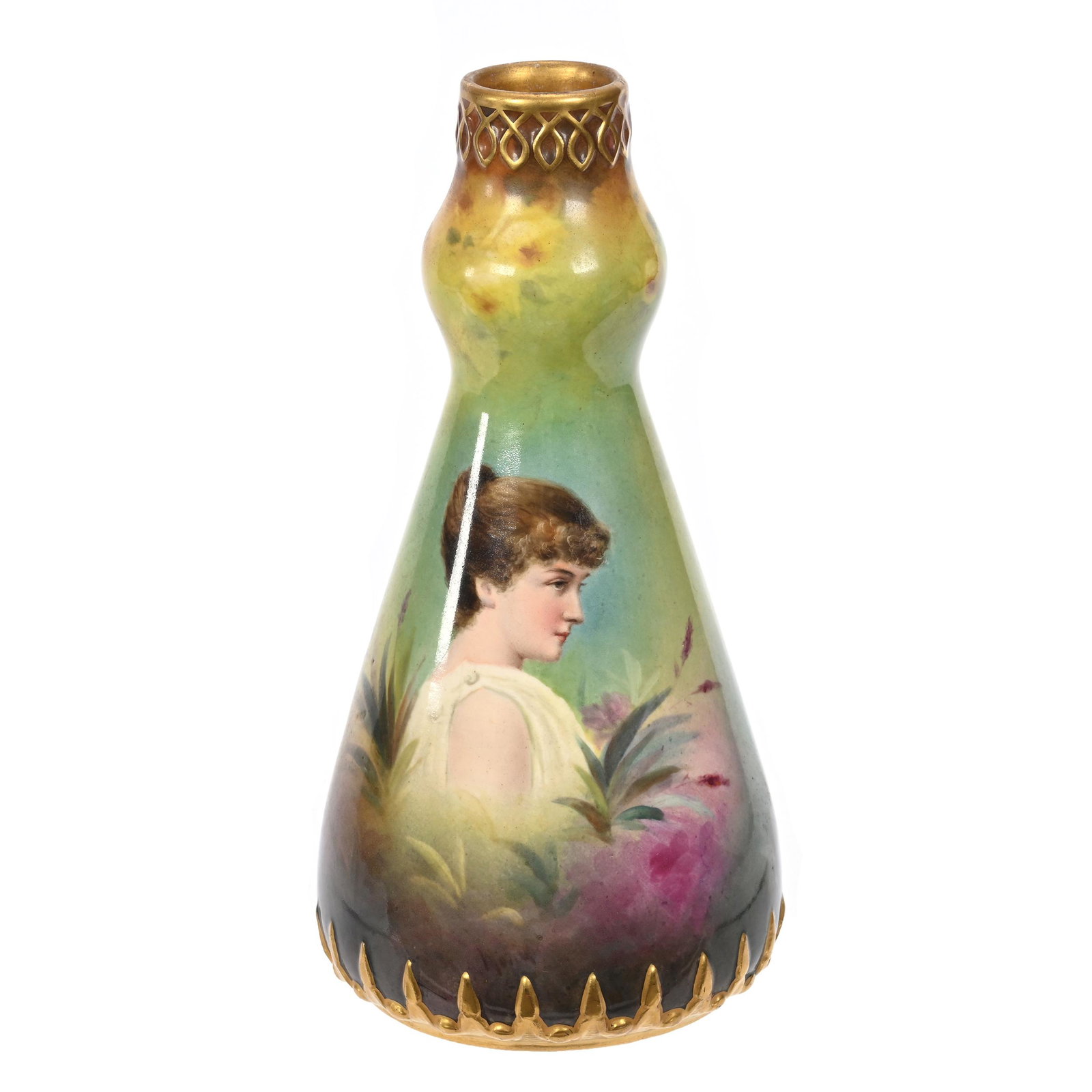 Vase Marked Royal Bonn: Vase Marked Royal Bonn, 9" x 4.25", Green And Yellow Tones, Portrait Of Young Woman, Embossed Gold Trim Border, Elfriede & Marvin Miller Estate, ND.