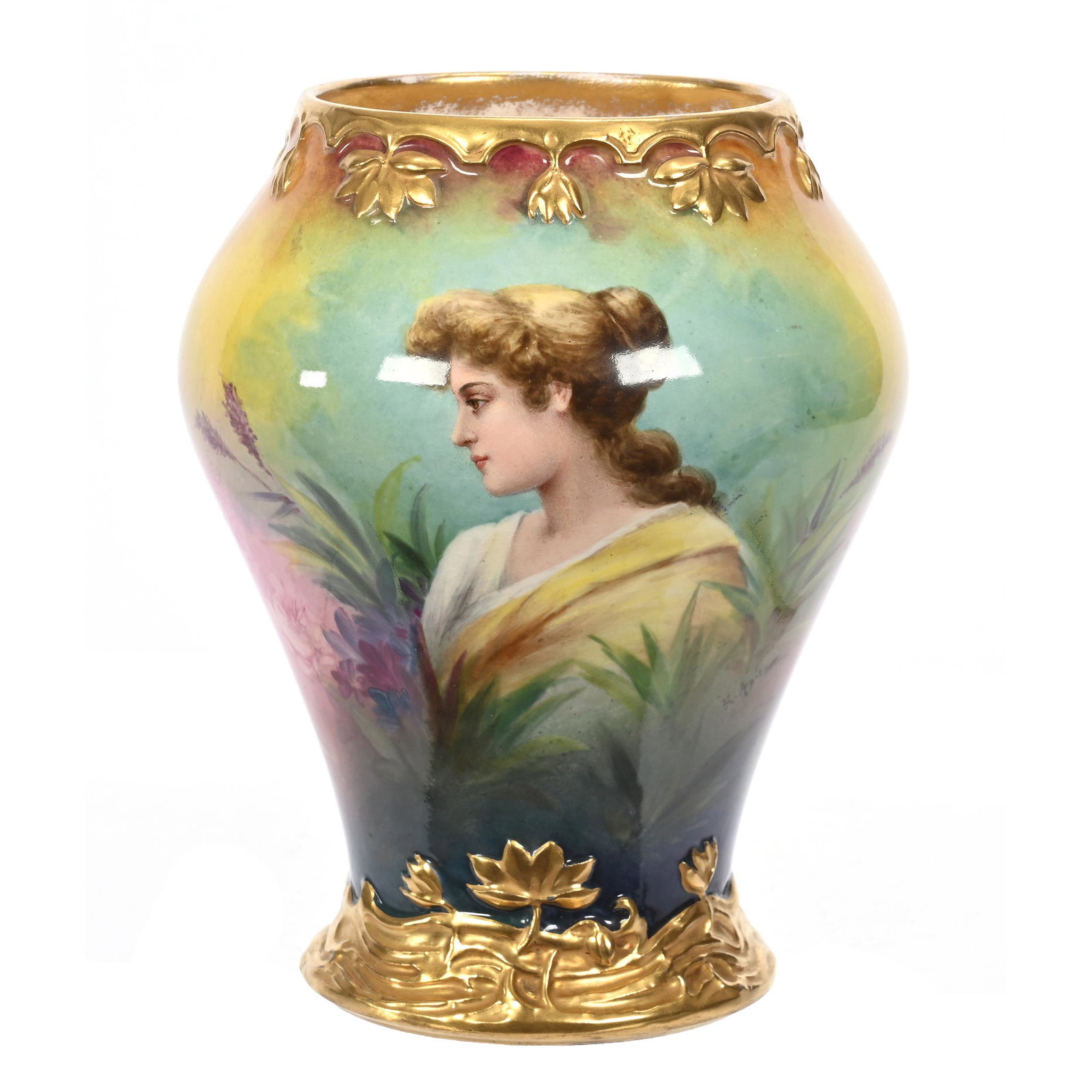 Vase Marked Royal Bonn: Vase Marked Royal Bonn, 7" x 5.5", Green, Yellow And Pink Tones, Portrait Of Young Woman, Embossed Gold Trim, Artist Signed, Elfriede & Marvin Miller Estate, ND.