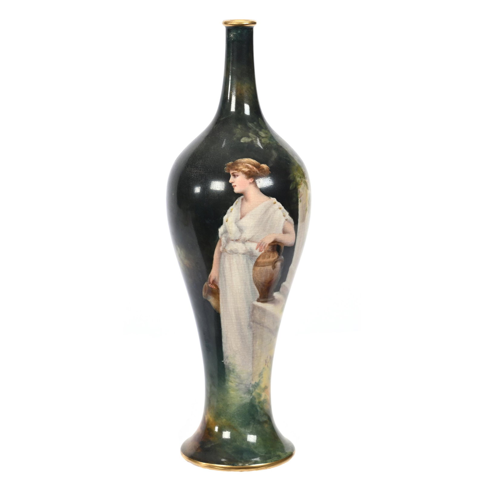 Vase Marked Royal Bonn: Vase Marked Royal Bonn, 11.25" x 3.75", Green And Yellow Tones, Young Woman Standing Near Wall With Vessels, Artist Signed, Elfriede & Marvin Miller Estate, ND.