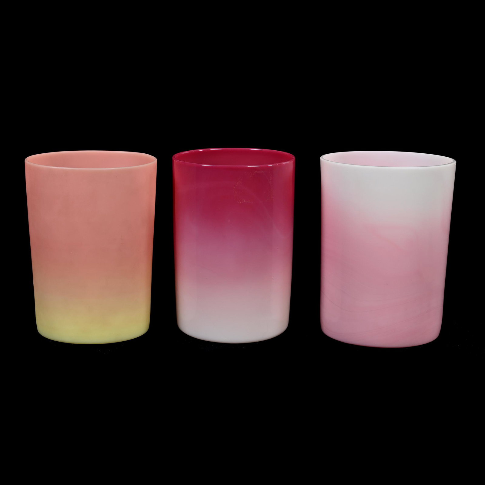 (3) Tumblers, Art Glass: (3) Tumblers, Art Glass, 3.75", (1) Mt. Washington Burmese, (1) New England Wild Rose Peachblow, (1) Peachblow, Indiana Private Collection.