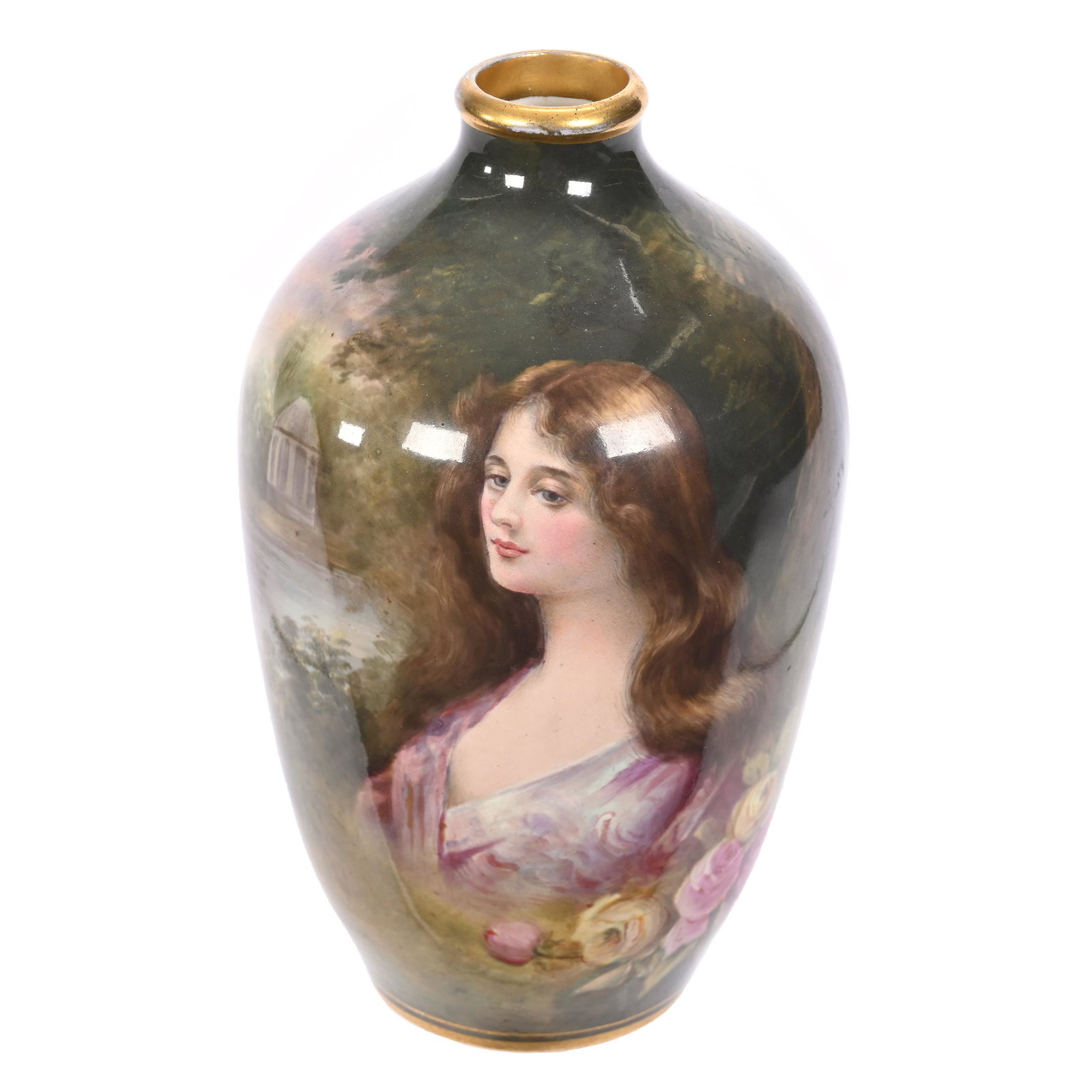 Vase Marked Royal Bonn: Vase Marked Royal Bonn, 6.5" x 3.75", Young Woman With Flowers In Gazebo, Artist Signed Sticher, Elfriede & Marvin Miller Estate, ND.