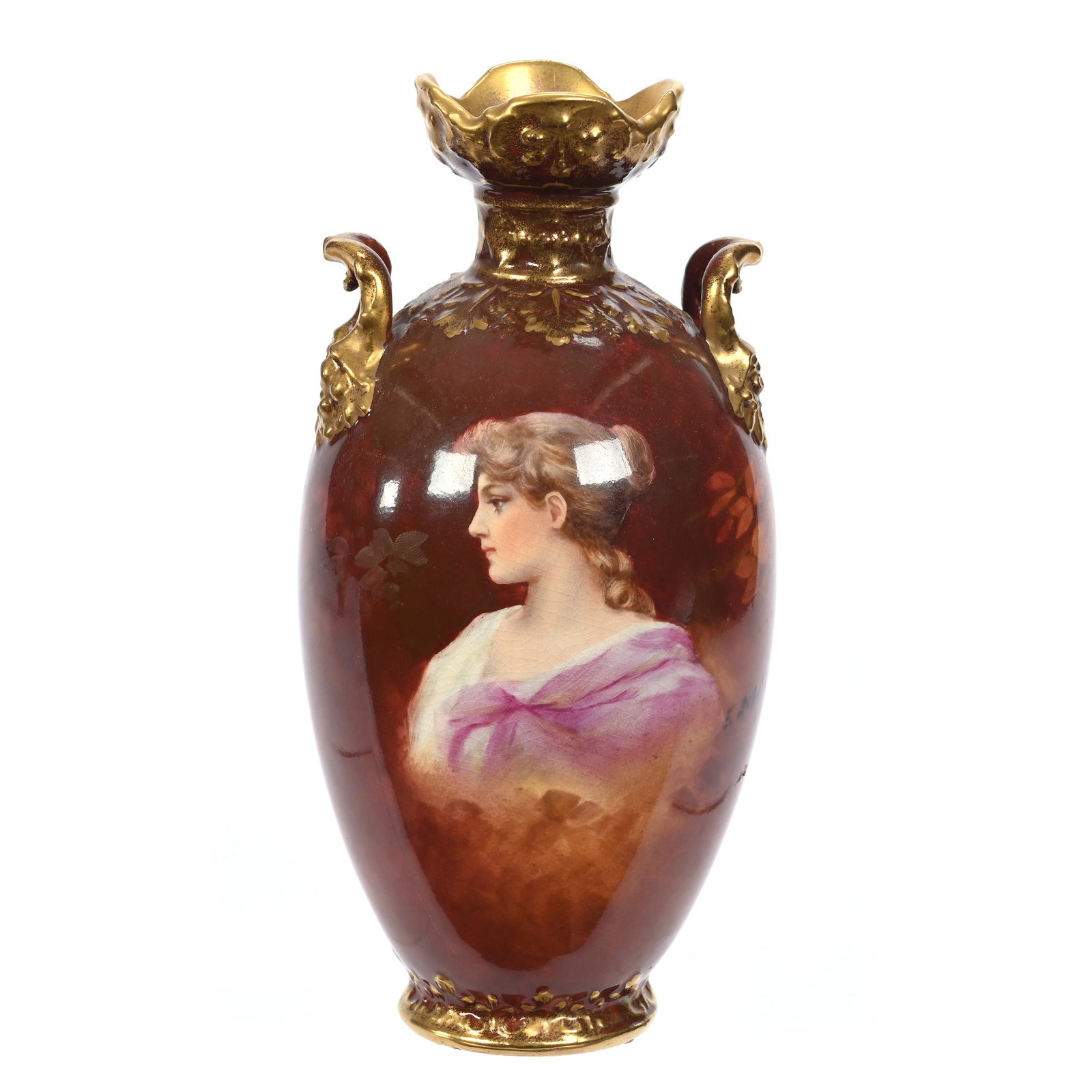 Vase Marked Royal Bonn, Two Handles: Vase Marked Royal Bonn, Two Handles, 8.5" x 4", Brown And Yellow Tones, Young Woman Highlights, Embossed Gold Trim Highlights, Artist Signed, Elfriede & Marvin Miller Estate, ND.