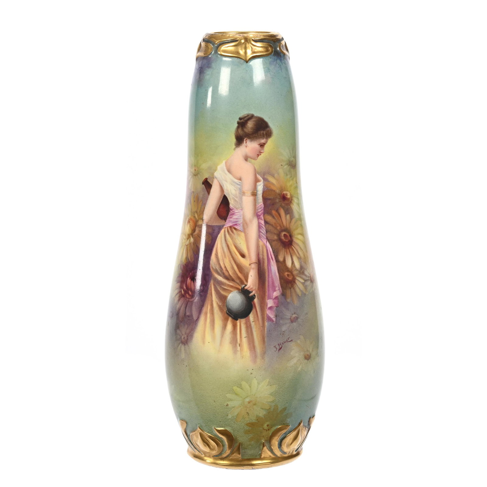 Vase Marked Royal Bonn: Vase Marked Royal Bonn, 12.25" x 4.5", Blue, Green And Yellow Tones, Young Woman Carrying Vessels, Lake Scenic Decor On Reverse, Embossed Gold Trim, Artist Signed, Elfriede & Marvin Miller Estate, ND.