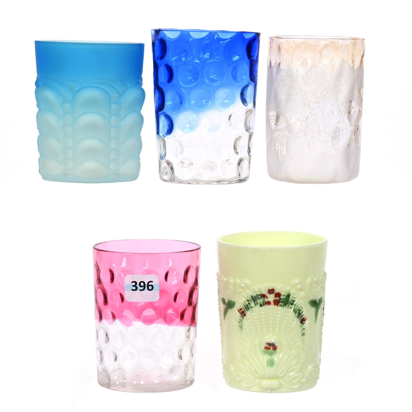 (5) Assorted Art Glass Tumblers: (5) Assorted Art Glass Tumblers, (1) 3.5" Cased Blue Satin Guttate, (1) 4" Bluerina Coinspot, (1) 3.75" Custard Glass, (1) 3.75" Pomona, Second Grind, (1) 3.5" Rubina Coinspot, Indiana Private Collect