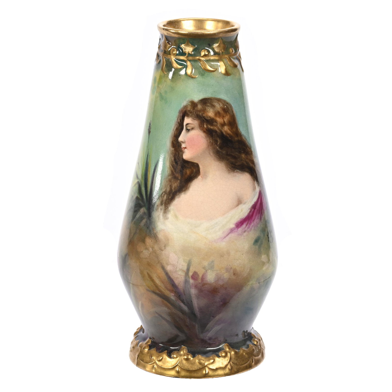 Vase Marked Royal Bonn: Vase Marked Royal Bonn, 9.25" x 4.25", Green And Yellow Tones, Portrait Of Young Woman, Embossed Gold Trim, Artist Signed Koch, Elfriede & Marvin Miller Estate, ND.