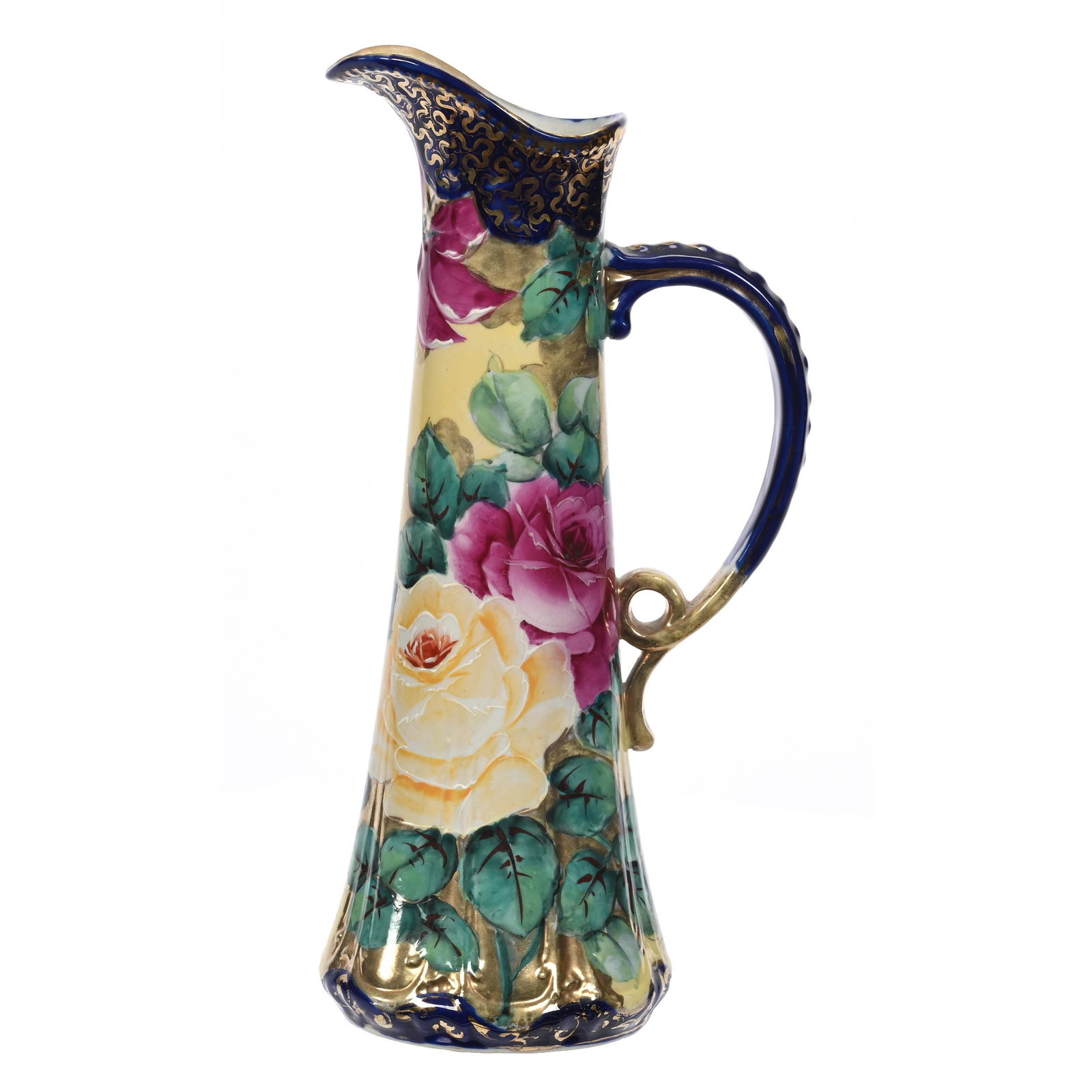 Tankard, Unmarked Nippon Style: Tankard, Unmarked Nippon Style, 13" x 6.5", Yellow Ground, Cobalt Blue Border, Large Rose Decor, Gold Stencil Highlights, New Jersey Private Collection.