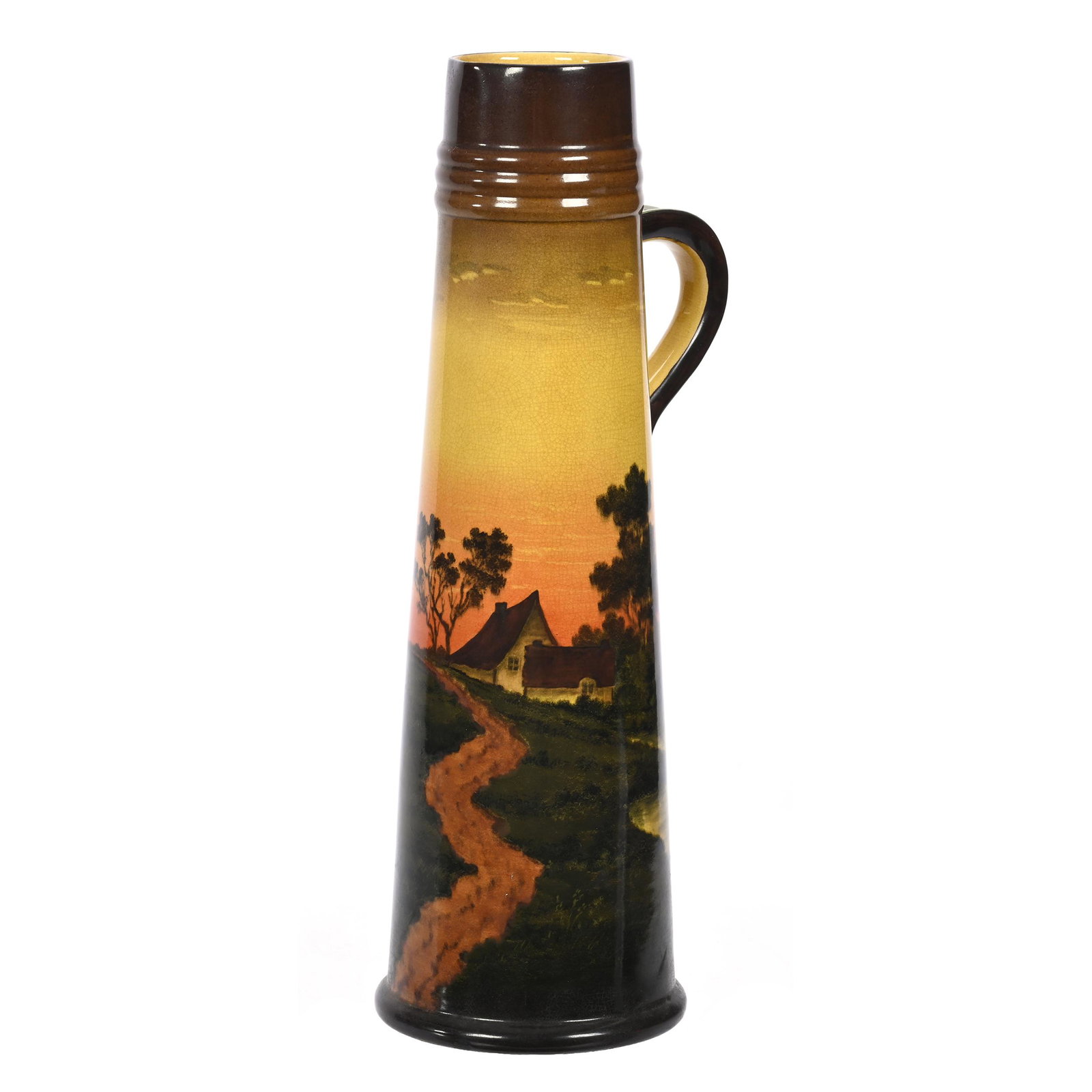 Tankard Marked Royal Bonn: Tankard Marked Royal Bonn, 14.5" x 5.75", Brown, Yellow And Orange Tones, Sunset, Farm And Lake Scenic Decor, Elfriede & Marvin Miller Estate, ND.