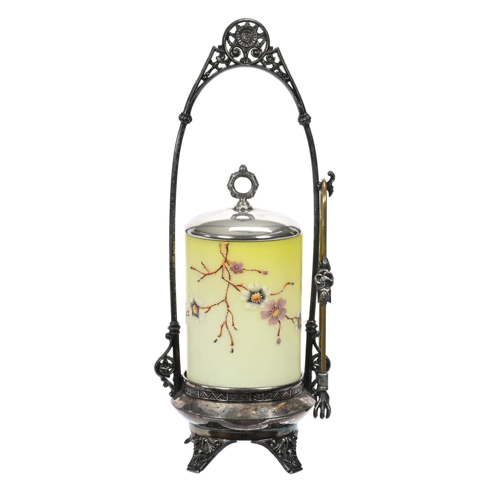 Victorian Pickle Castor: Victorian Pickle Castor, 13" x 5.25", Yellow Satin Art Glass, Enamel Branch And Blossom Decor, Set On Derby #104 Silverplate Frame, Ron Blessing Estate.