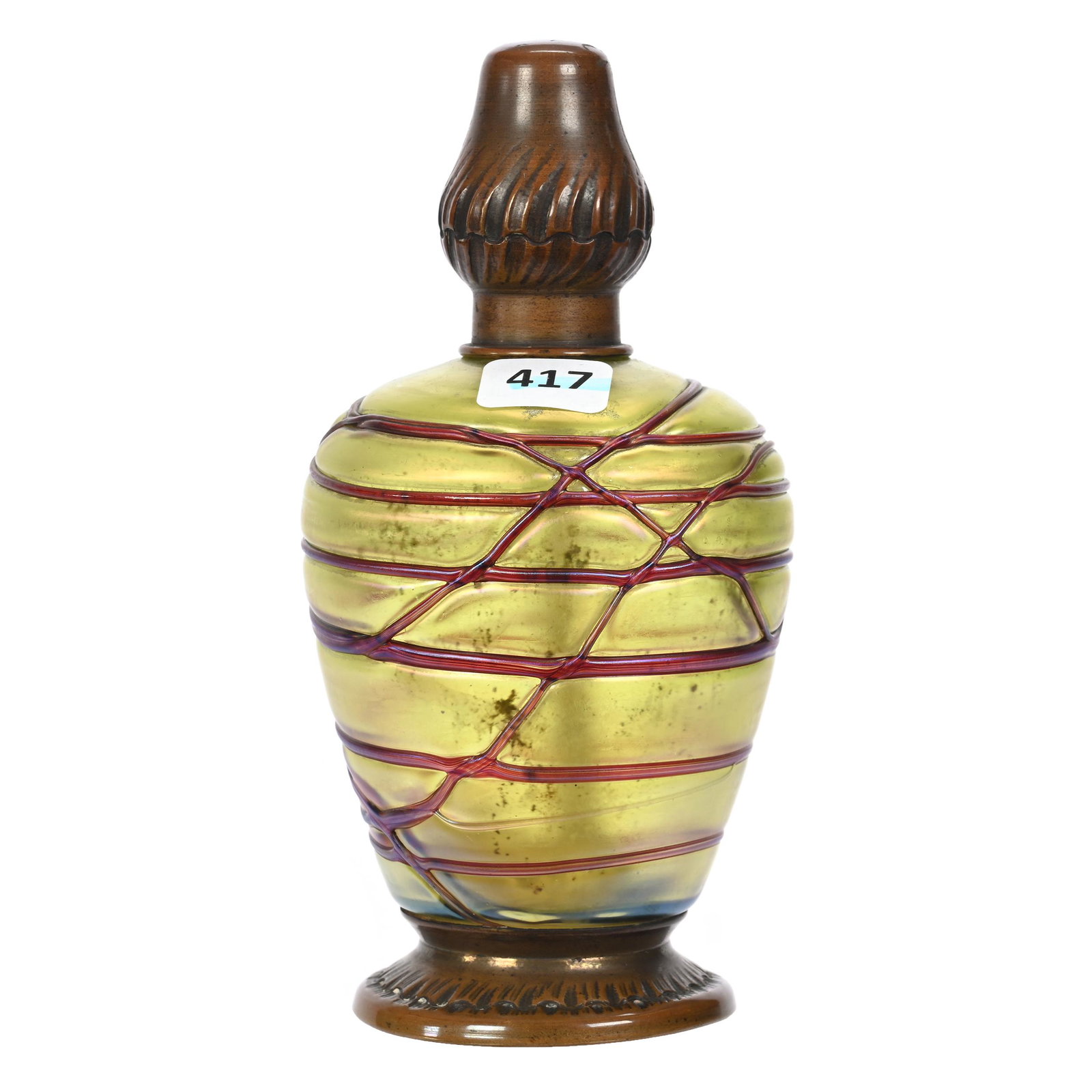 Perfume Light, Loetz Style Art Glass: Perfume Light, Loetz Style Art Glass, 6.75" x 3.5", Green With Amethyst Threaded Overlay, Gilt Metal Base And Cap, Elfriede & Marvin Miller Estate, ND.