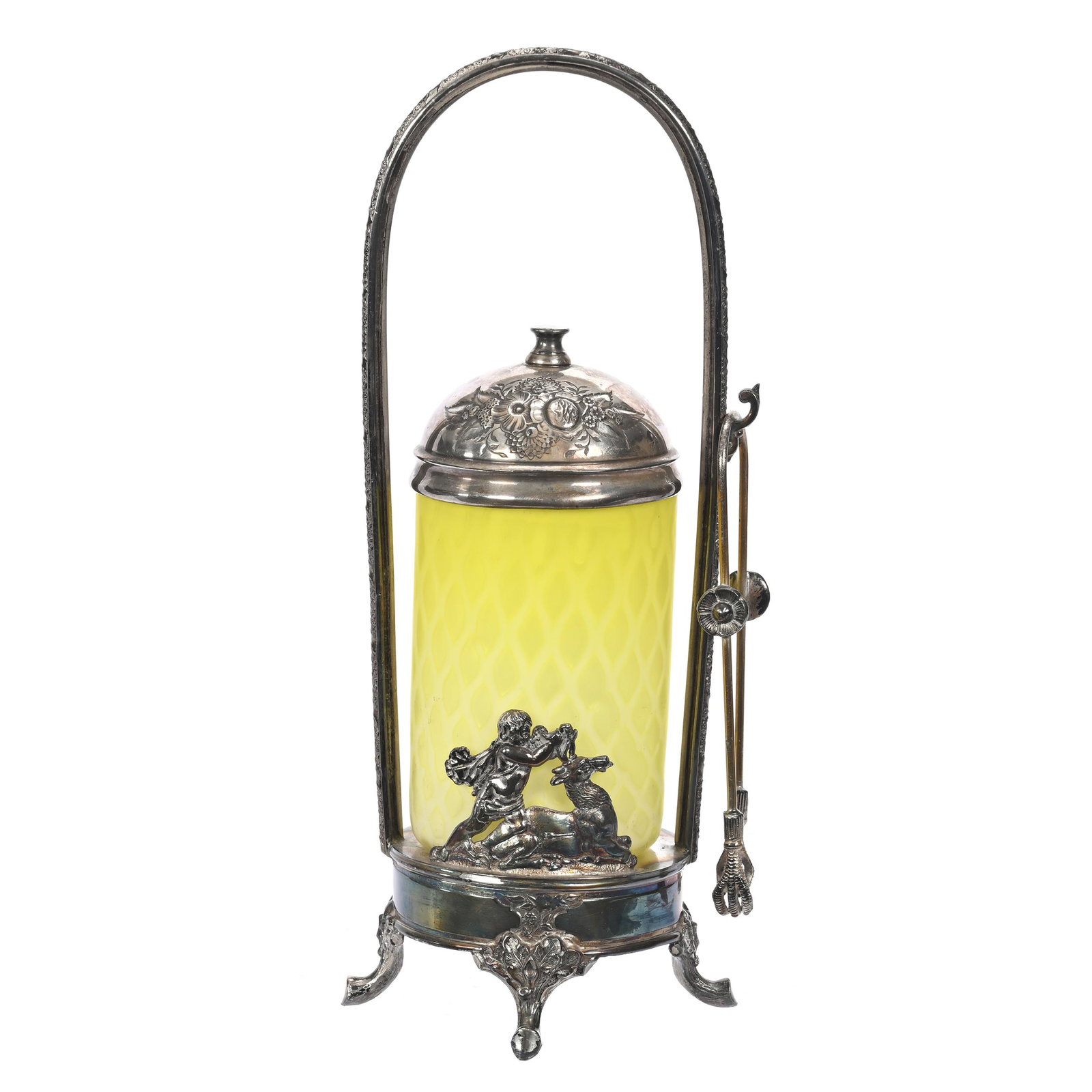 Victorian Pickle Castor: Victorian Pickle Castor, 12" x 5", Yellow Satin Diamond Quilted Mother Of Pearl Insert, Set On Wilcox #0672 1/2 Silverplate Frame, Ron Blessing Estate.