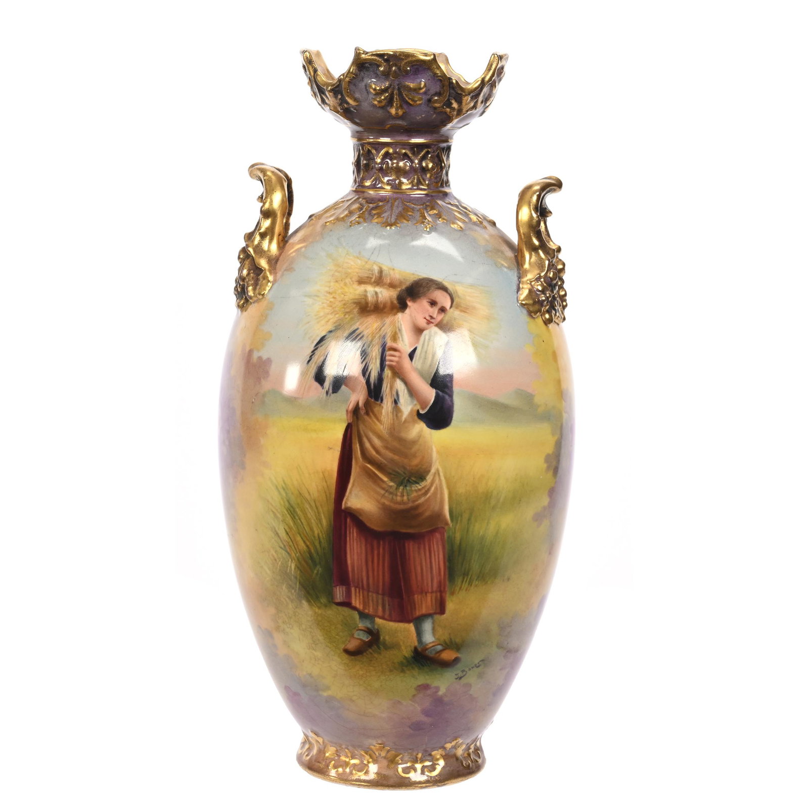 Vase Marked Royal Bonn, Two Handles: Vase Marked Royal Bonn, Two Handles, 12.5" x 5.75", Lavender, Yellow And Blue Tones, Woman Gleaning Wheat, Nice Gold Highlights, Artist Signed, Elfriede & Marvin Miller Estate, ND.