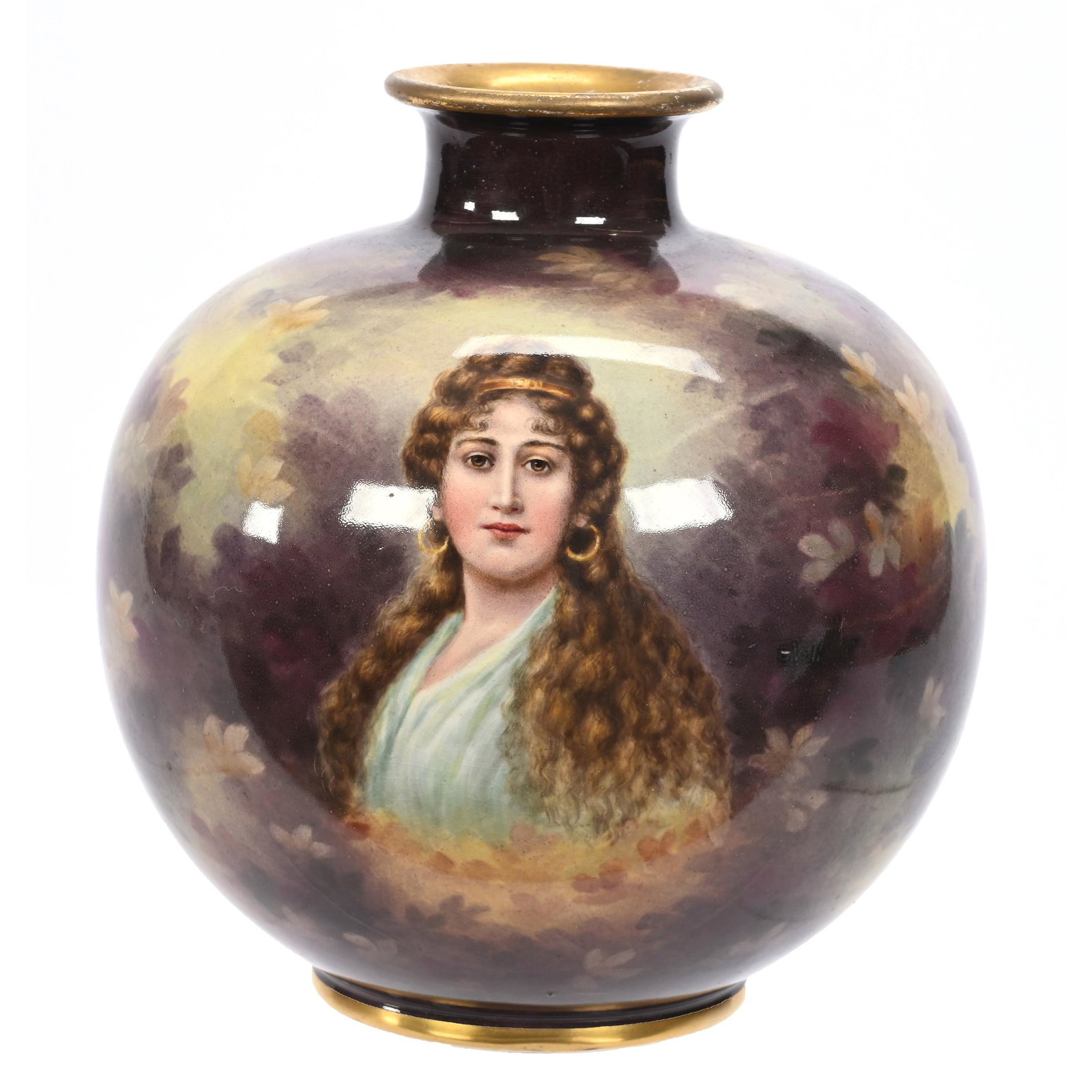 Bulbous Vase Marked Royal Bonn: Bulbous Vase Marked Royal Bonn, 7" x 6.5", Lavender, Yellow Tones, Portrait Of Young Woman, Lake Scenic Decor On Reverse, Elfriede & Marvin Miller Estate, ND.