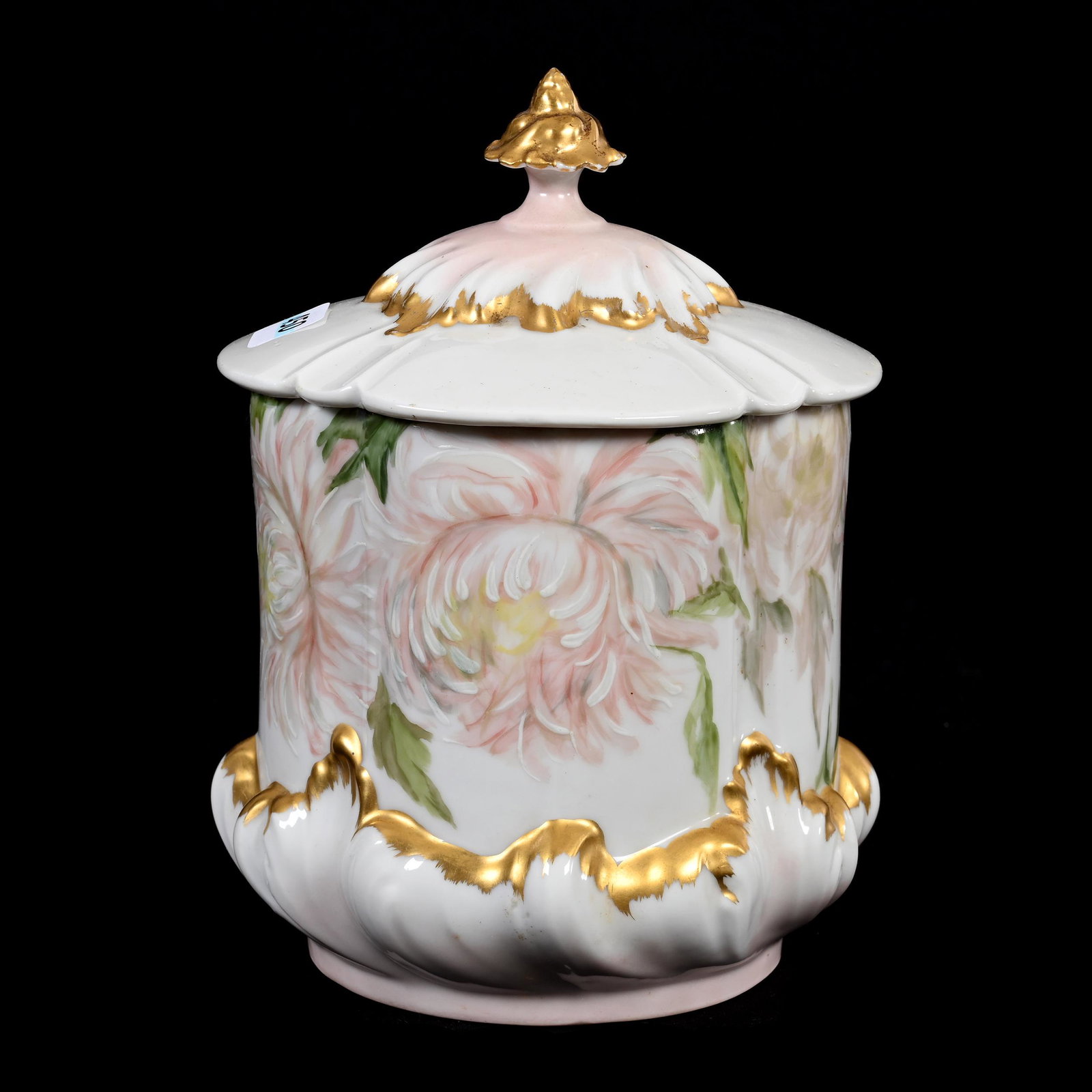 Biscuit Jar Marked Elite Limoges: Biscuit Jar Marked Elite Limoges, 7.5" x 5.5", White And Pink Tones, Chrysanthemum Decor, Artist Signed, Dated 1895, New Jersey Private Collection.