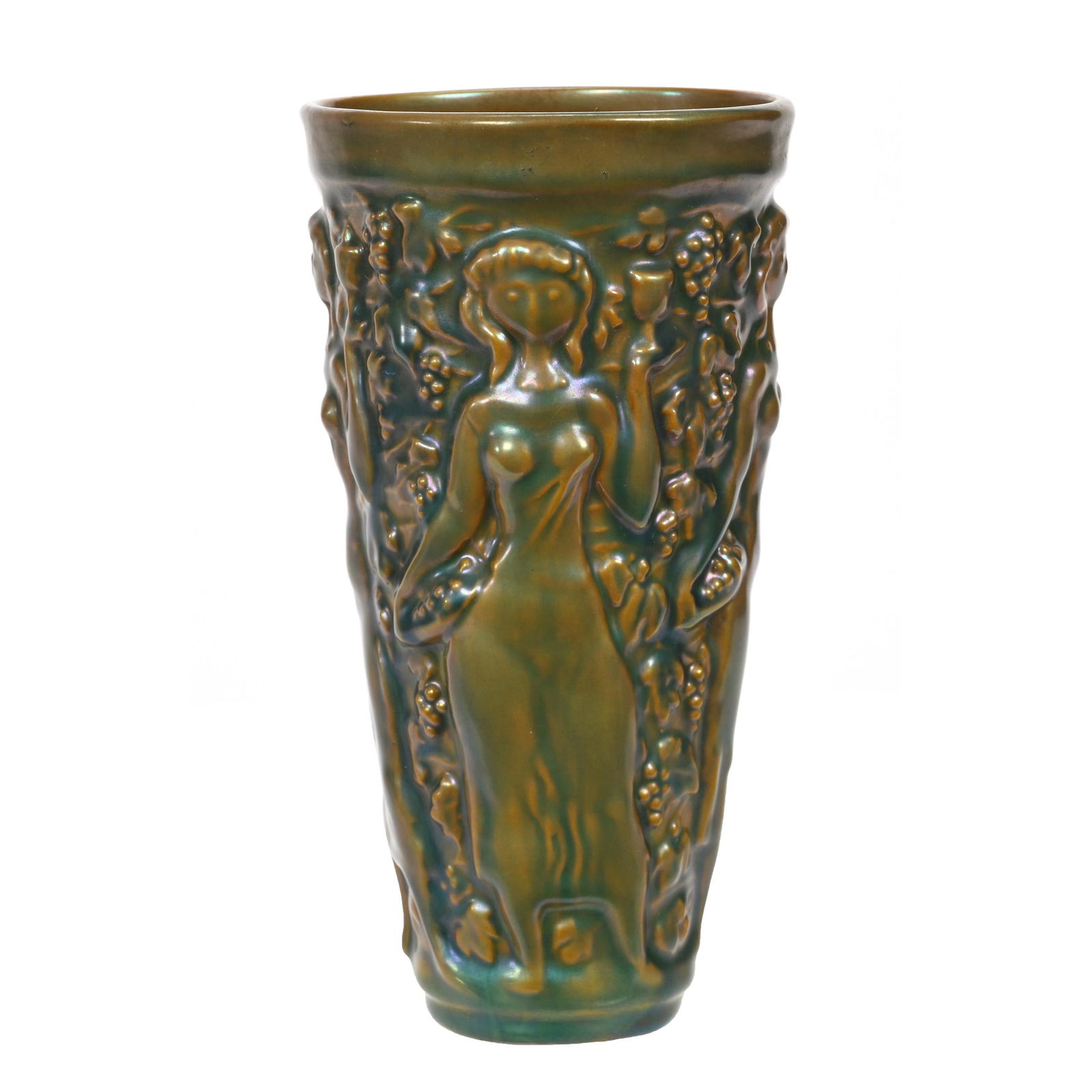 Vase Marked Zsolnay Art Pottery: Vase Marked Zsolnay Art Pottery, 6.25" x 3.25", Green Iridescence With Embossed Female And Vintage Decor, Elfriede & Marvin Miller Estate, ND.