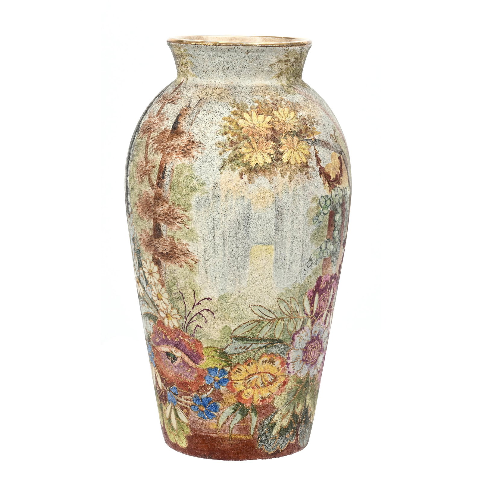 Vase Marked Royal Bonn: Vase Marked Royal Bonn, 11" x 5.75", Colorful Floral And Tree Scenic Decor, Tapestry Finish, Elfriede & Marvin Miller Estate, ND.