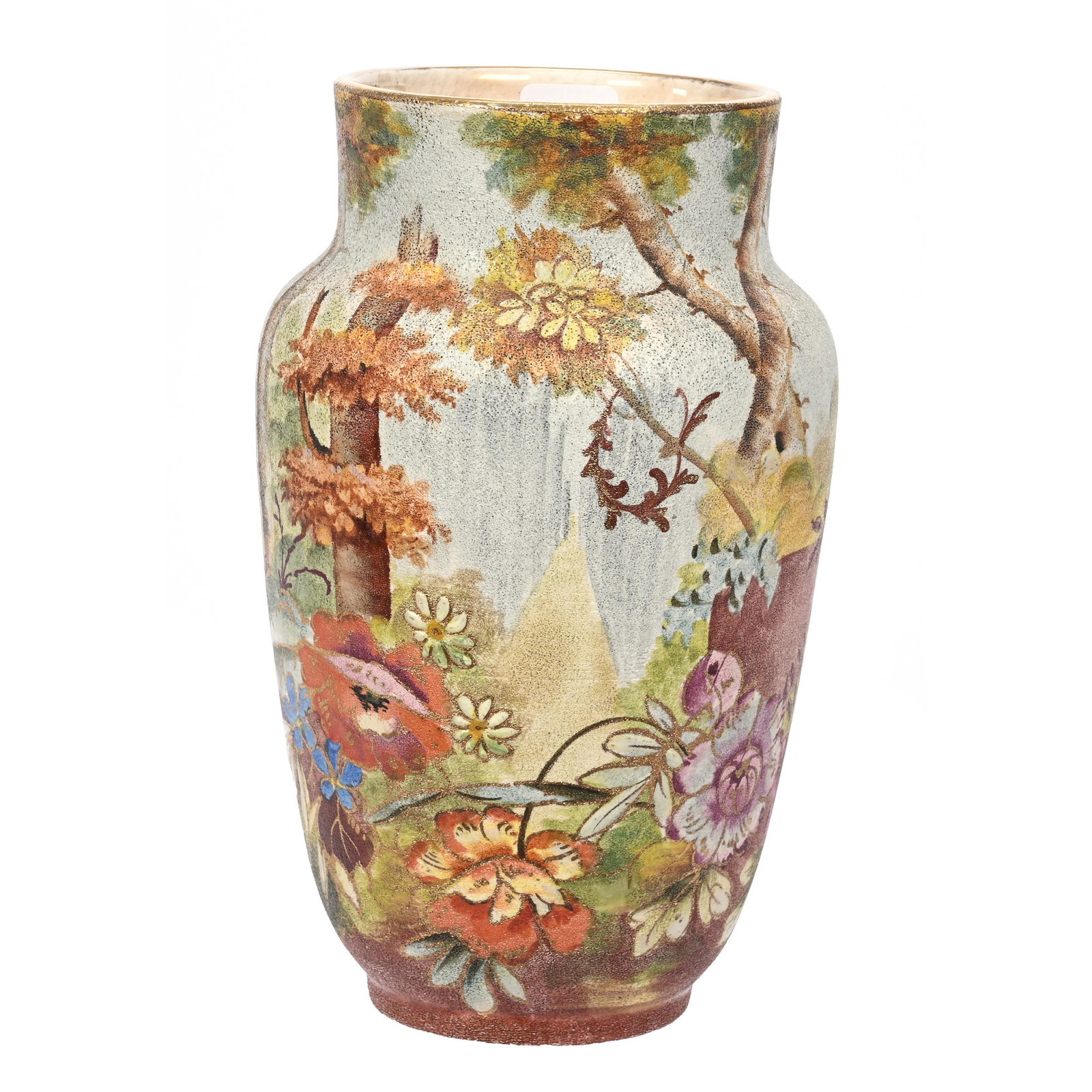 Vase Marked Royal Bonn: Vase Marked Royal Bonn, 8" x 4.75", Colorful Floral And Tree Scenic Decor, Tapestry Finish, Elfriede & Marvin Miller Estate, ND.