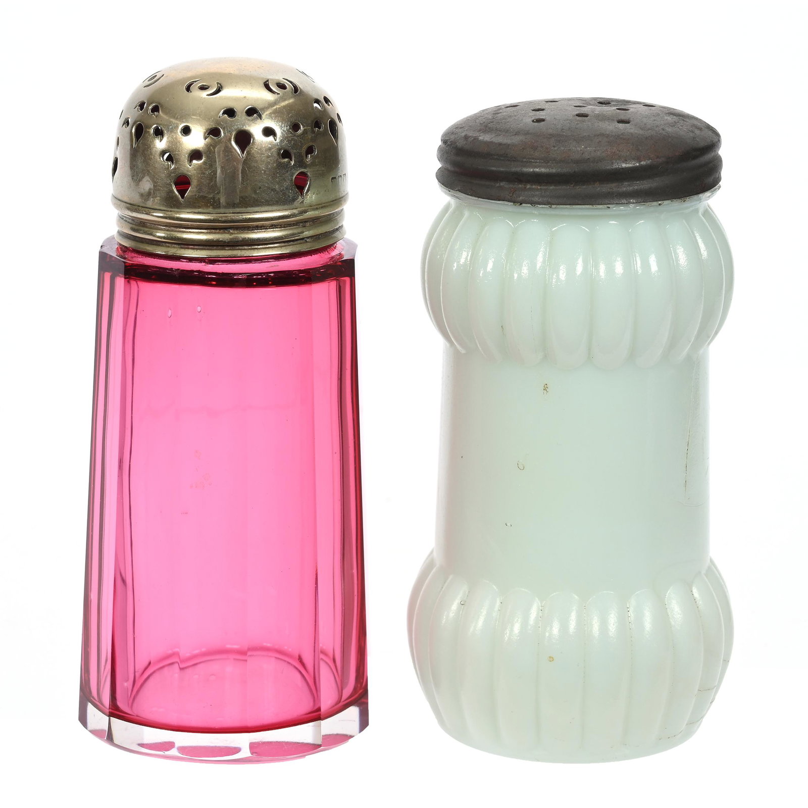 (2) Sugar Shakers, Art Glass: (2) Sugar Shakers, Art Glass, 5", (1) Cased Cranberry, Panel Cut, (1) Pale Green Opaque, Ribbed, Indiana Private Collection.