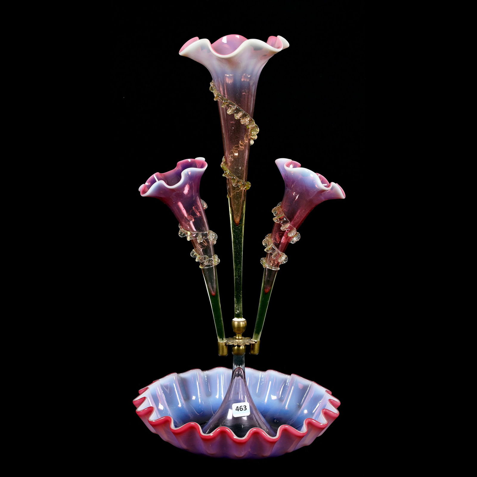 Epergne, Three Lily, Cranberry Vaseline Opalescent (1 of 4)