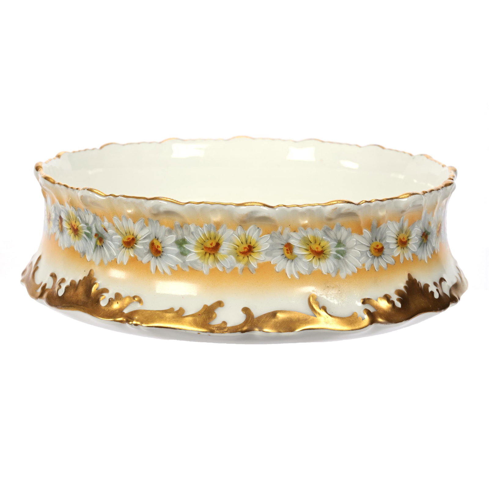 Bowl Marked T&V Limoges: Bowl Marked T&V Limoges, 2.5" x 8.5", Cream And White Tones, Daisy Decor, Gold Trim Highlights, New Jersey Private Collection.