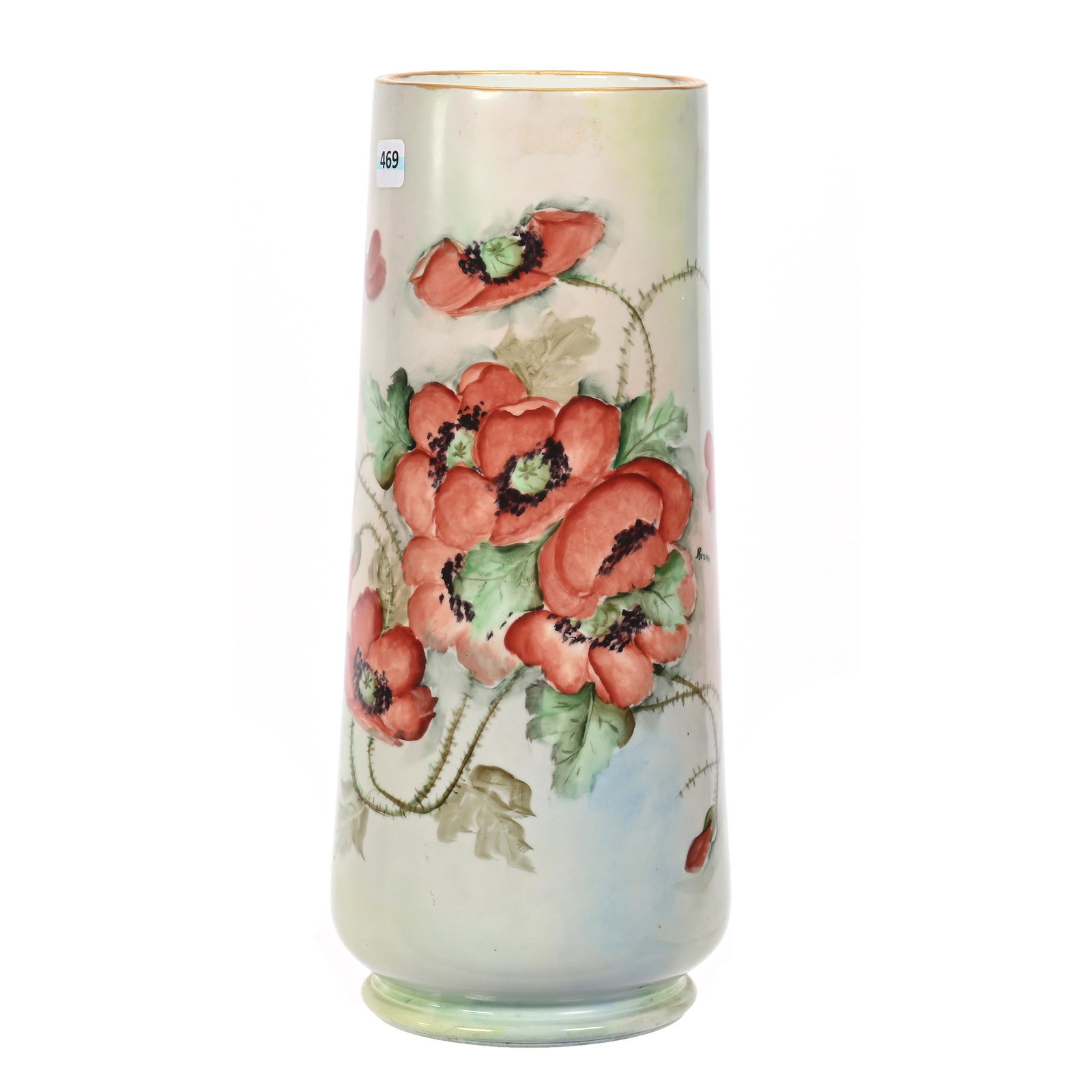 Vase Marked D&C Limoges: Vase Marked D&C Limoges, 14" x 6", Blue, Pink And Green Tones, Poppy Decor, Artist Signed Brown, New Jersey Private Collection.