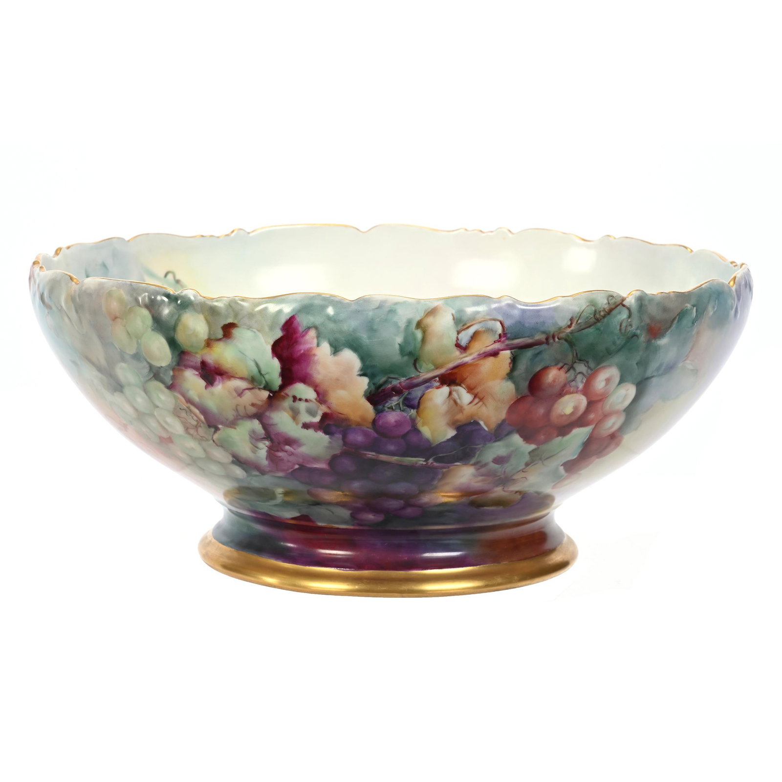 Pedestal Punch Bowl Marked T&V Limoges: Pedestal Punch Bowl Marked T&V Limoges, 6.25" x 14.25", Blue, Yellow, Pink And Green Tones, Vintage Decor, Artist Signed, Dated 1907, New Jersey Private Collection.