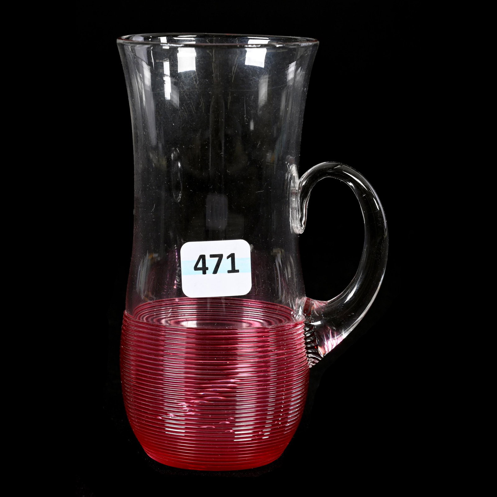 Handled Glass Mug: Handled Glass Mug, 5.25" x 3.25", Clear Art Glass, Cranberry Threaded Overlay, Attributed To Sandwich Glass, Indiana Private Collection.