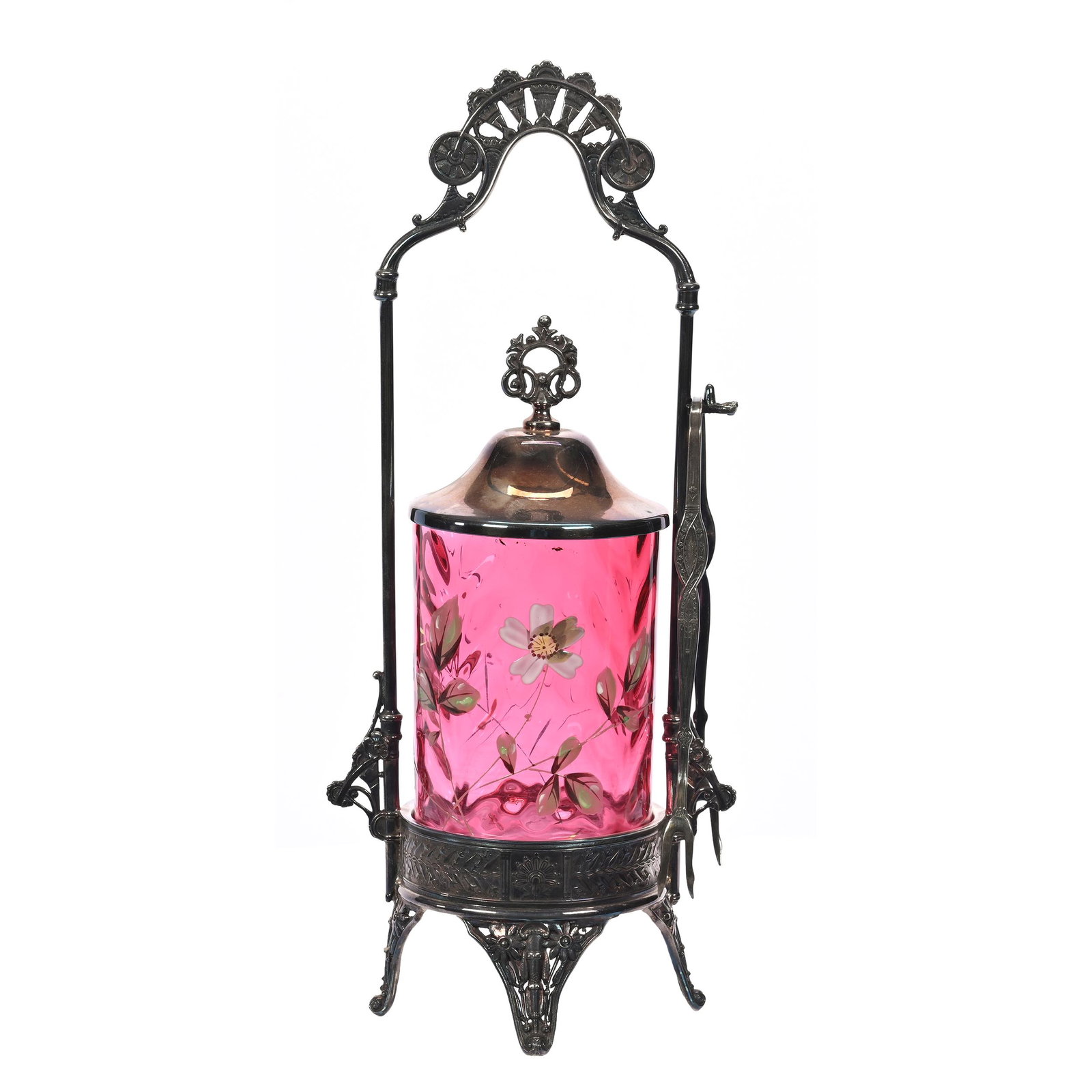 Victorian Pickle Castor: Victorian Pickle Castor, 13" x 5.5", Cranberry Coinspot Art Glass Insert, Enamel Floral Decor, Set On Reed & Barton #1205 Silverplate Frame, Ron Blessing Estate.