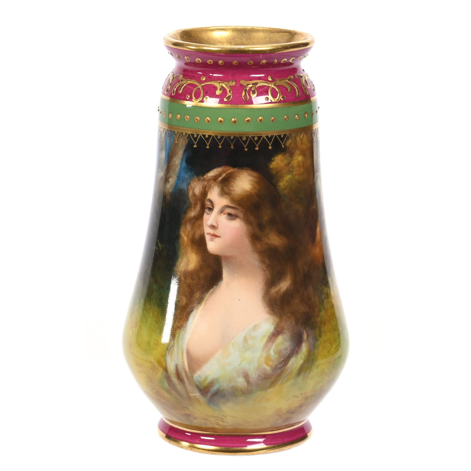 Vase Marked Royal Bonn: Vase Marked Royal Bonn, 6" x 3.5", Young Woman, Maroon And Green Border, Gold Enamel Highlights, Artist Signed, New Jersey Private Collection.