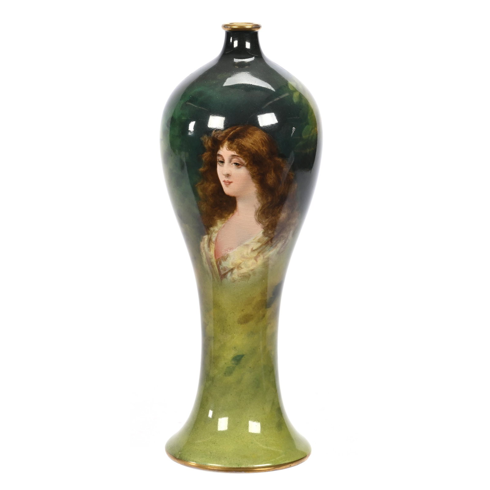 Vase Marked Royal Bonn: Vase Marked Royal Bonn, 9.5" x 3.5", Green Tones, Portrait Of Young Woman, Artist Signed, New Jersey Private Collection.