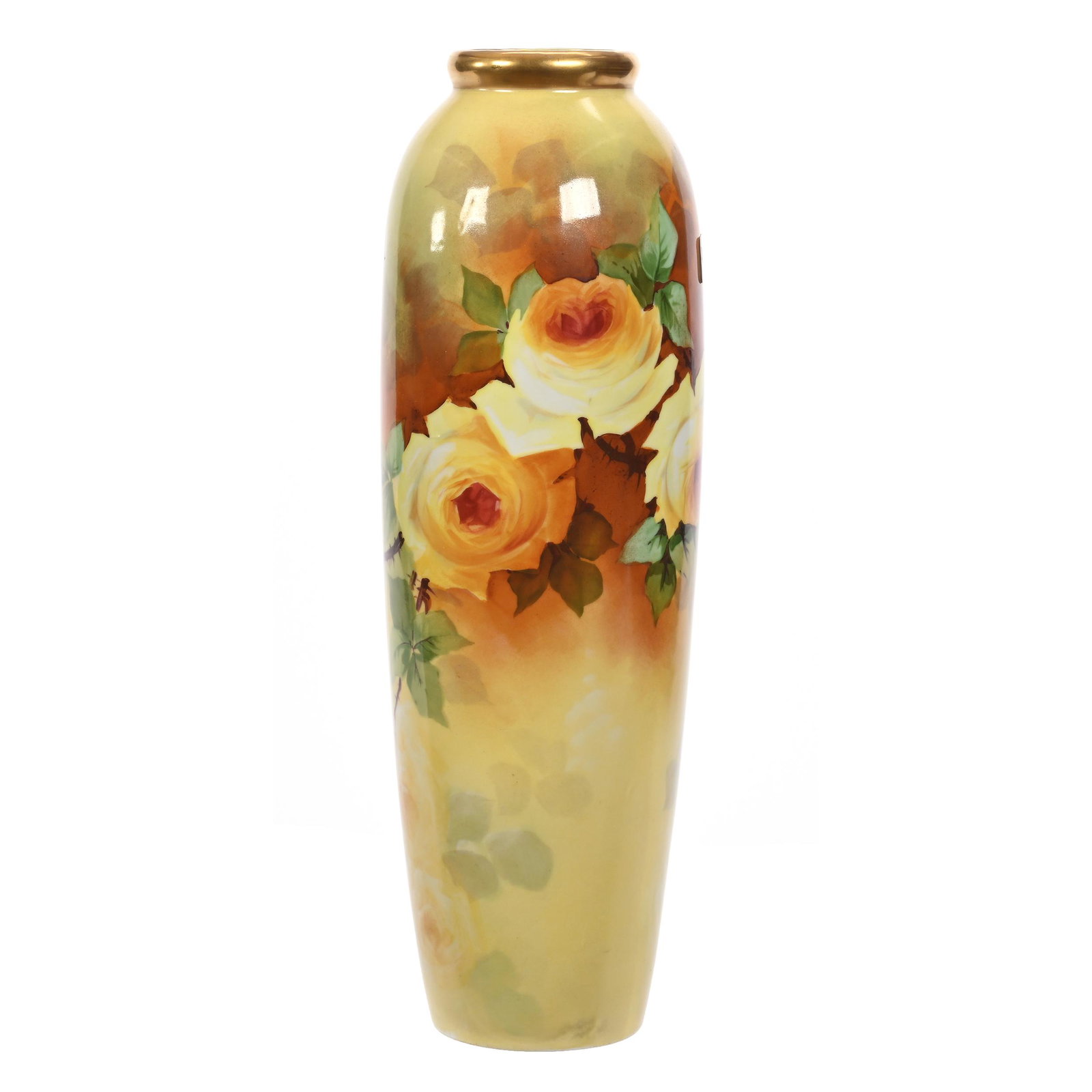 Vase Marked Coronet Limoges: Vase Marked Coronet Limoges, 15" x 4.75", Yellow And Brown Tones, Yellow Rose Decor, Artist Signed, New Jersey Private Collection.