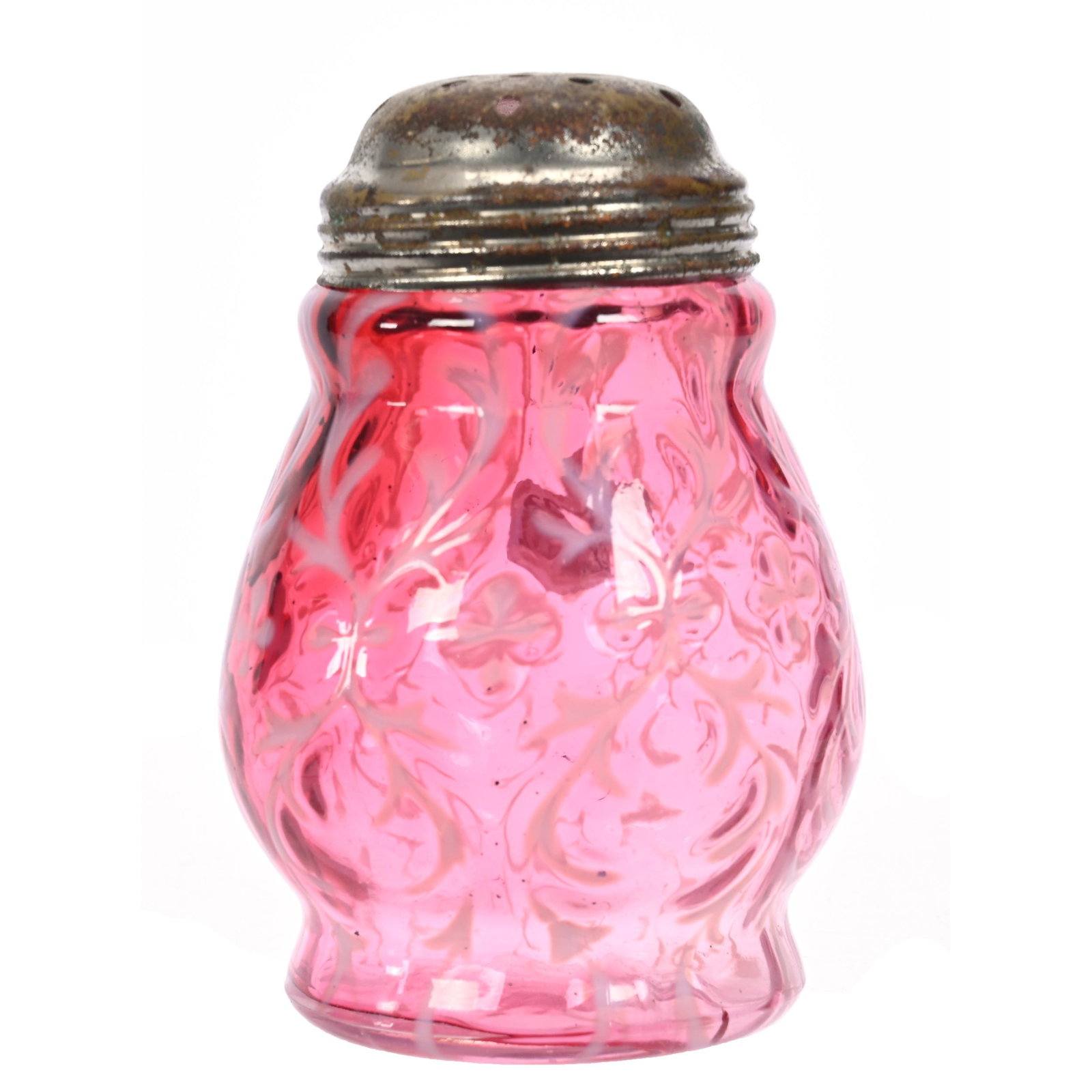 Sugar Shaker, Cranberry Opalescent: Sugar Shaker, Cranberry Opalescent, 4.75" x 3.25", Spanish Lace Pattern, Indiana Private Collection.