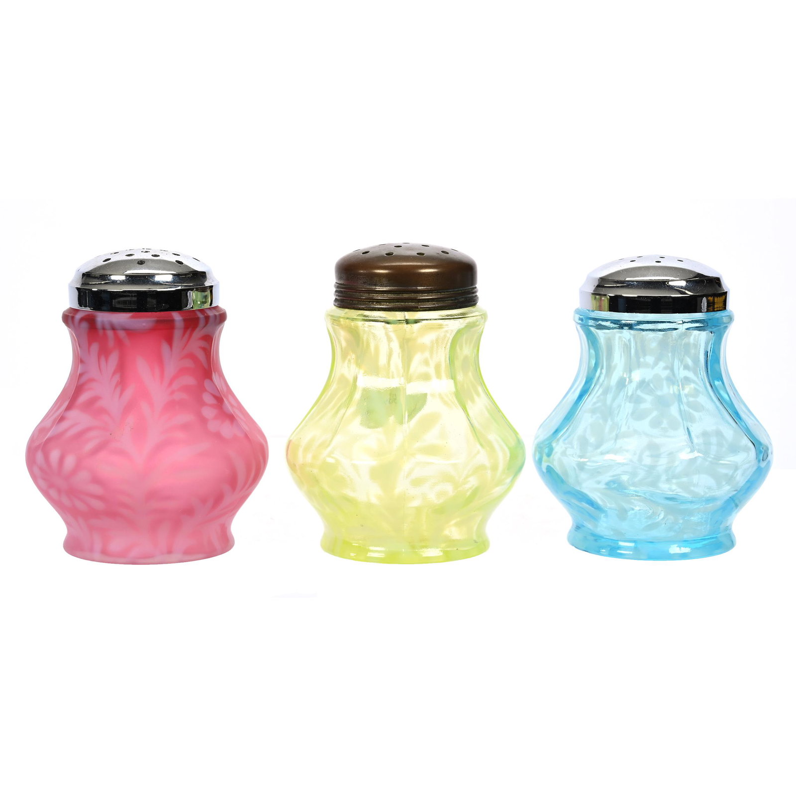(3) Sugar Shakers, Daisy And Fern Pattern: (3) Sugar Shakers, Daisy And Fern Pattern, 4.75", (1) Blue, (1) Vaseline, (1) Frosted Cranberry, Indiana Private Collection.