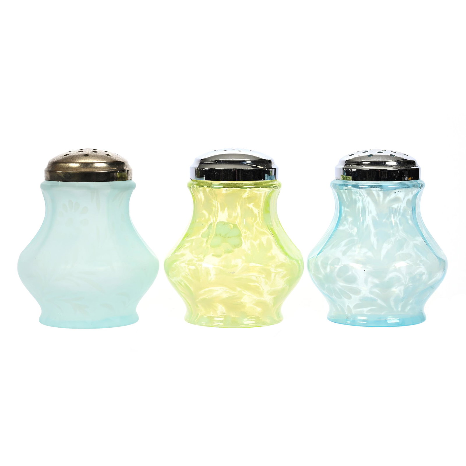 (3) Sugar Shakers, Opalescent Daisy & Fern Pattern: (3) Sugar Shakers, Opalescent Daisy & Fern Pattern, 4.5" x 3.75", (1) Blue, (1) Vaseline, (1) Frosted Blue, Indiana Private Collection.