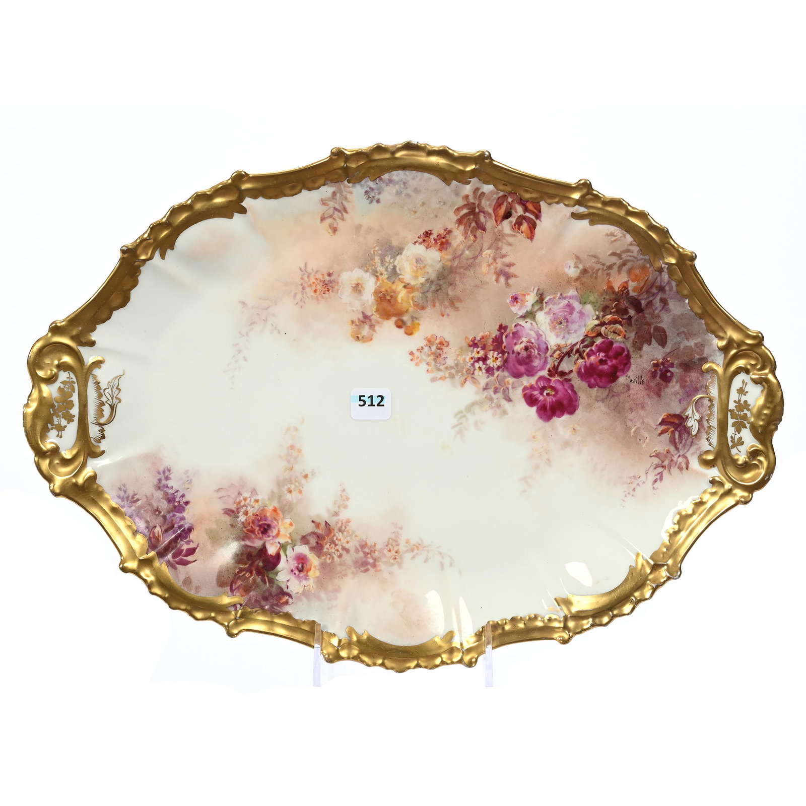 Tray Marked L.R.L. Limoges: Tray Marked L.R.L. Limoges, 16" x 11.5", White And Lavender Tones, Floral Decor, Heavy Gold Trim, Small Rim Nick, New Jersey Private Collection.