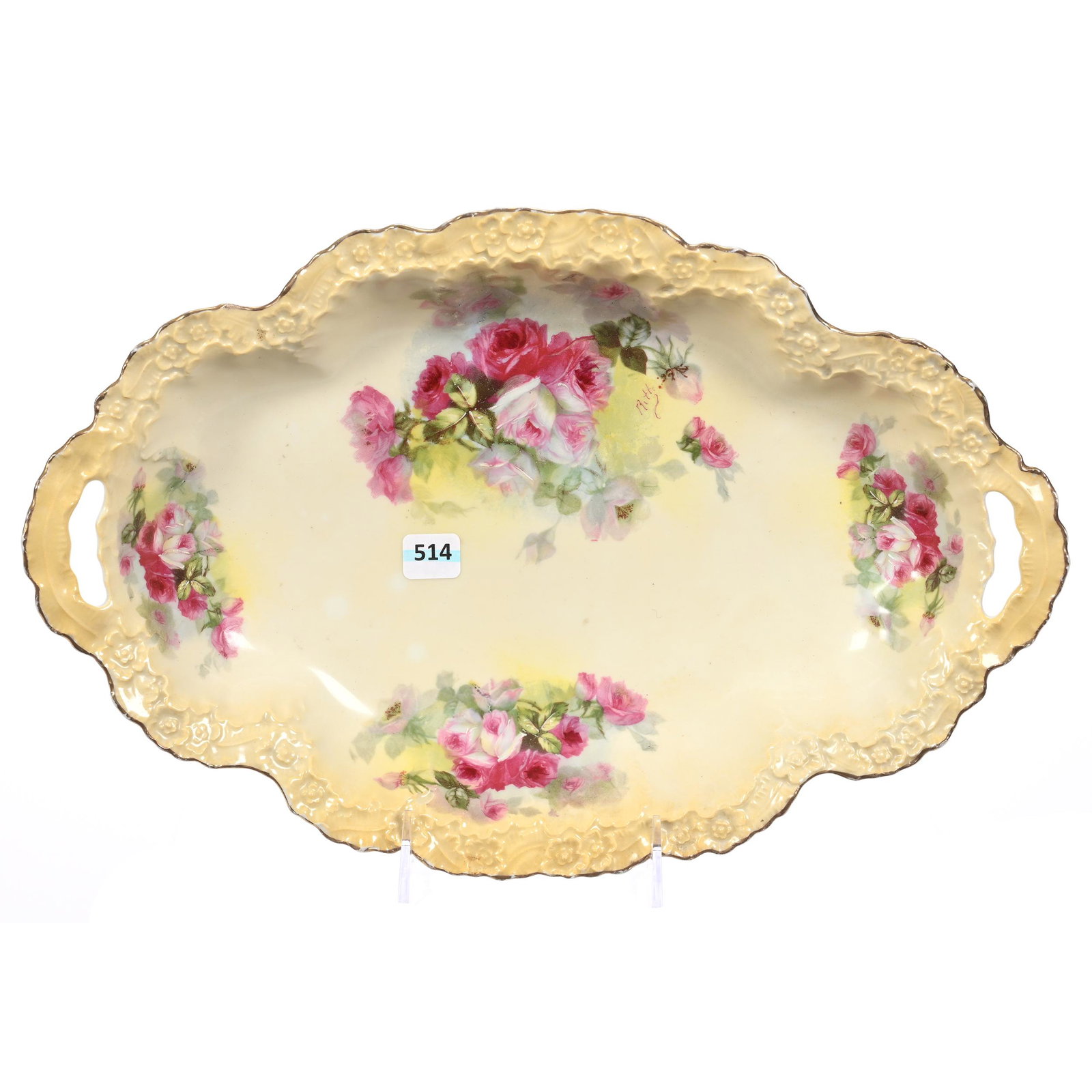 Oval Dish Marked A.L. Limoges: Oval Dish Marked A.L. Limoges, 15.25" x 10", Cream Tones, Pink Rose Decor, Artist Signed, New Jersey Private Collection.
