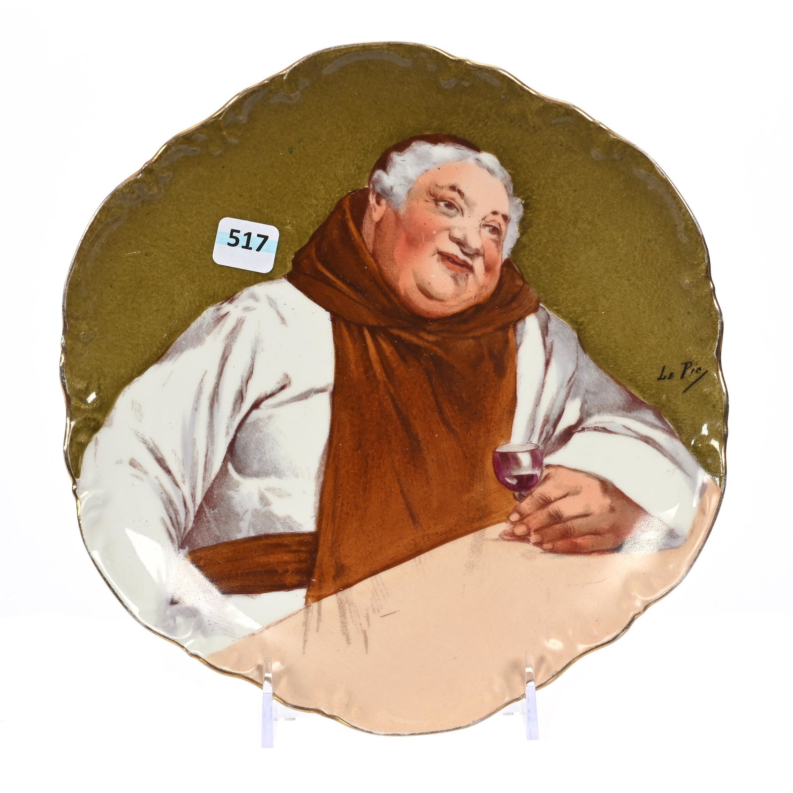 Plate Marked Coronet Limoges: Plate Marked Coronet Limoges, 9.75", Monk Holding Wine Glass, Artist Signed Lepie, New Jersey Private Collection.