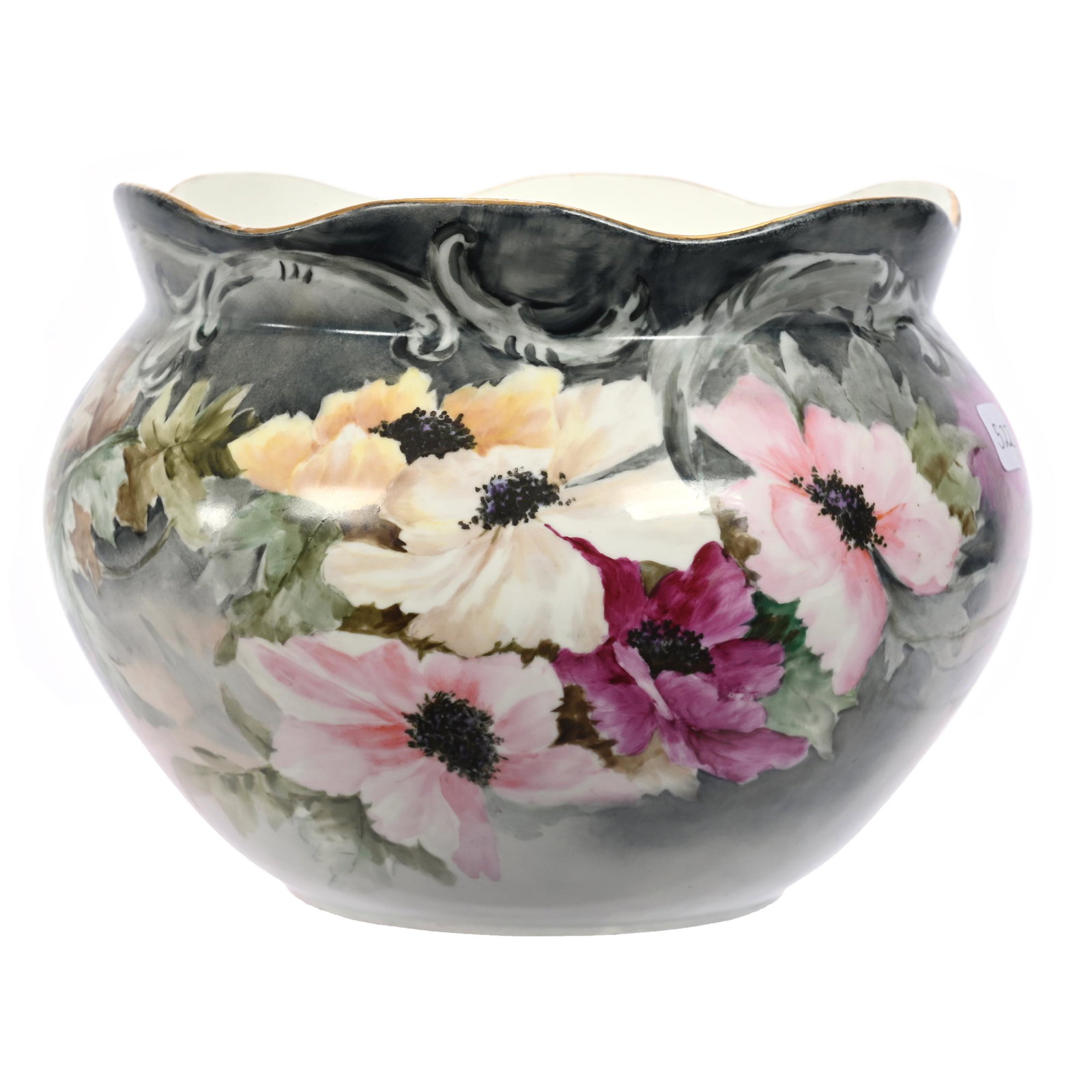 Jardiniere Marked T&V Limoges: Jardiniere Marked T&V Limoges, 7" x 9", Gray And Pink Tones, Poppy Decor, New Jersey Private Collection.