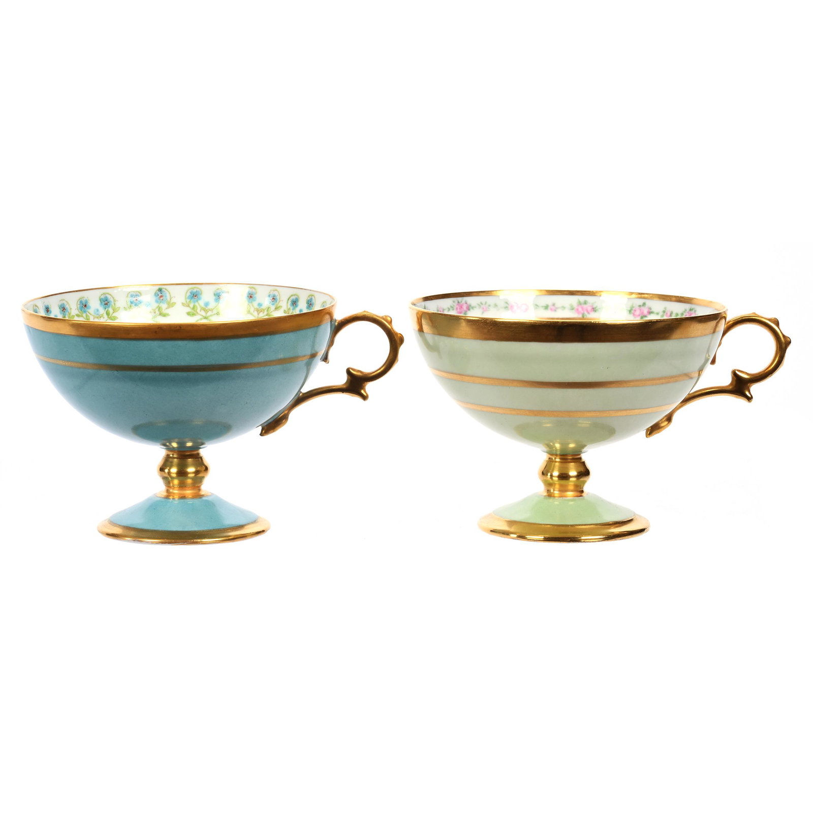 (2) Pedestal Cups Marked Elite Limoges: (2) Pedestal Cups Marked Elite Limoges, 2.75" x 4", (1) Blue, (1) Green, Both Are Artist Signed Scarlett, Dated 1963, New Jersey Private Collection.
