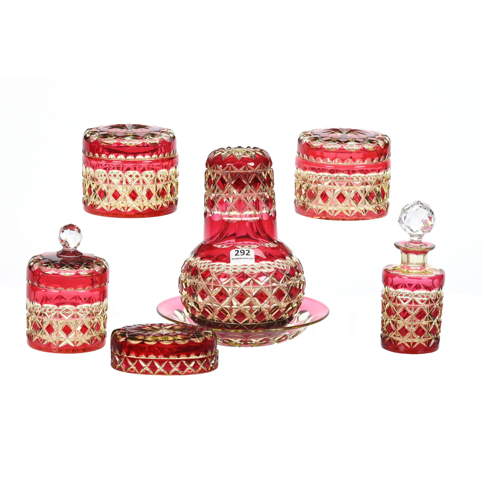 Vanity Set, Six Piece, BPCG, Cranberry Cut To Vaseline (1 of 4)