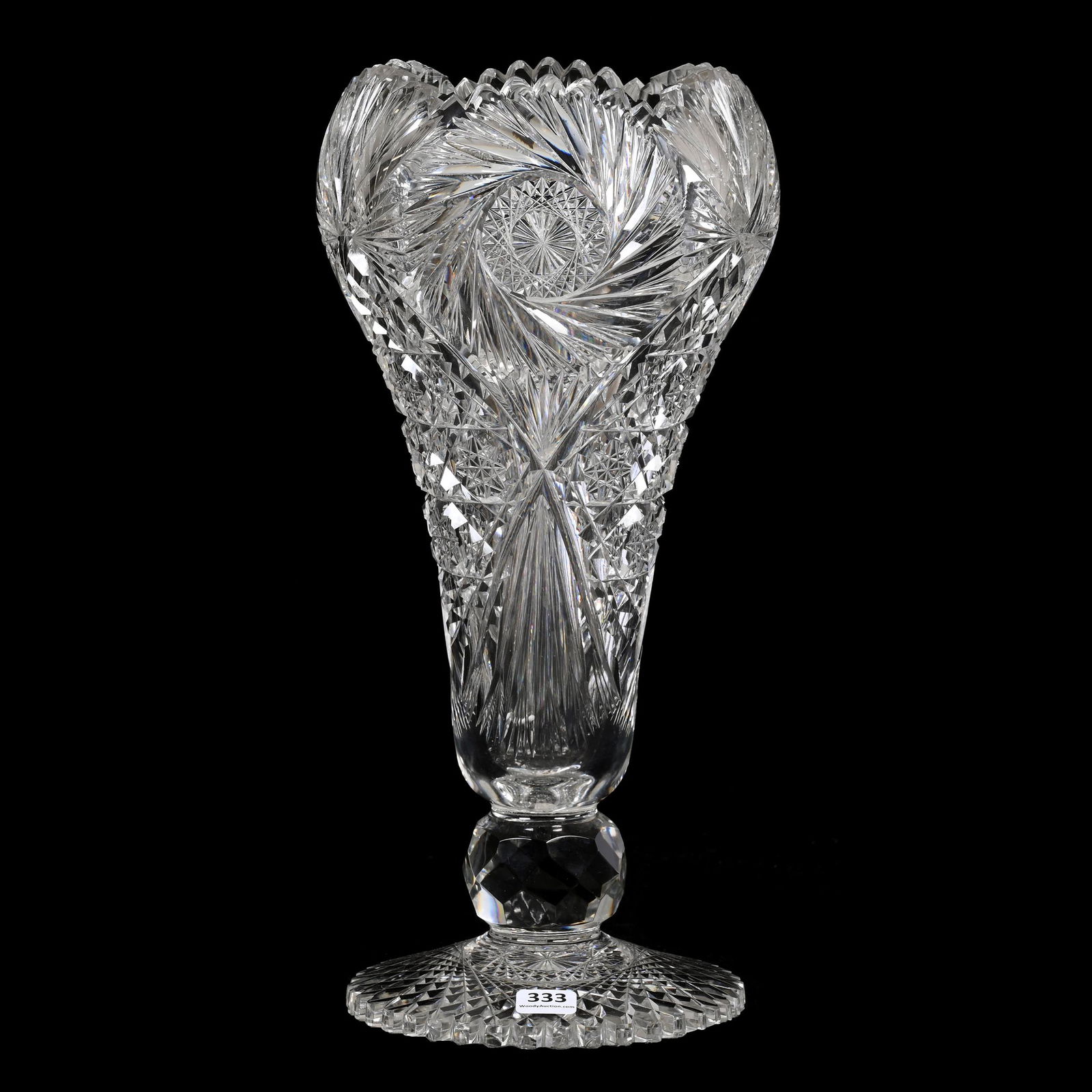 Chalice Vase, American Brilliant Cut Glass: Chalice Vase, American Brilliant Cut Glass, 14" x 6.75", Pinwheel, Hobstar, Miter And Fan Motif, Huge Facet Cut Ball Stem, Scalloped Hobstar Foot, Some Pattern Chips, Total Weight Of Nearly Eight Poun