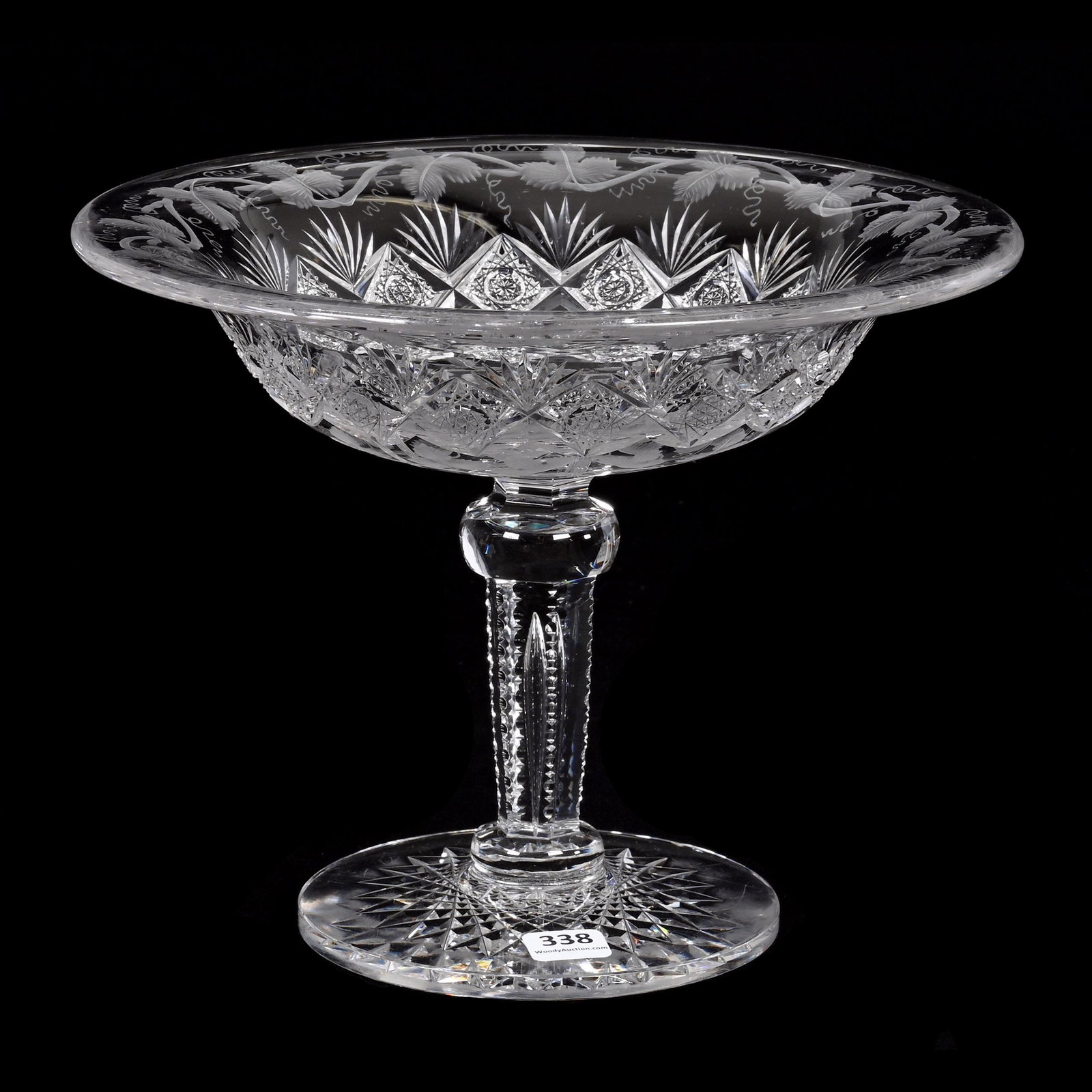 Compote, American Brilliant Cut Glass, Signed Sinclaire: Compote, American Brilliant Cut Glass, Signed Sinclaire, 8" x 10", Hobstar Chain With Engraved Vintage Motif, Notched Teardrop Stem, Hobstar Foot, Private Collection