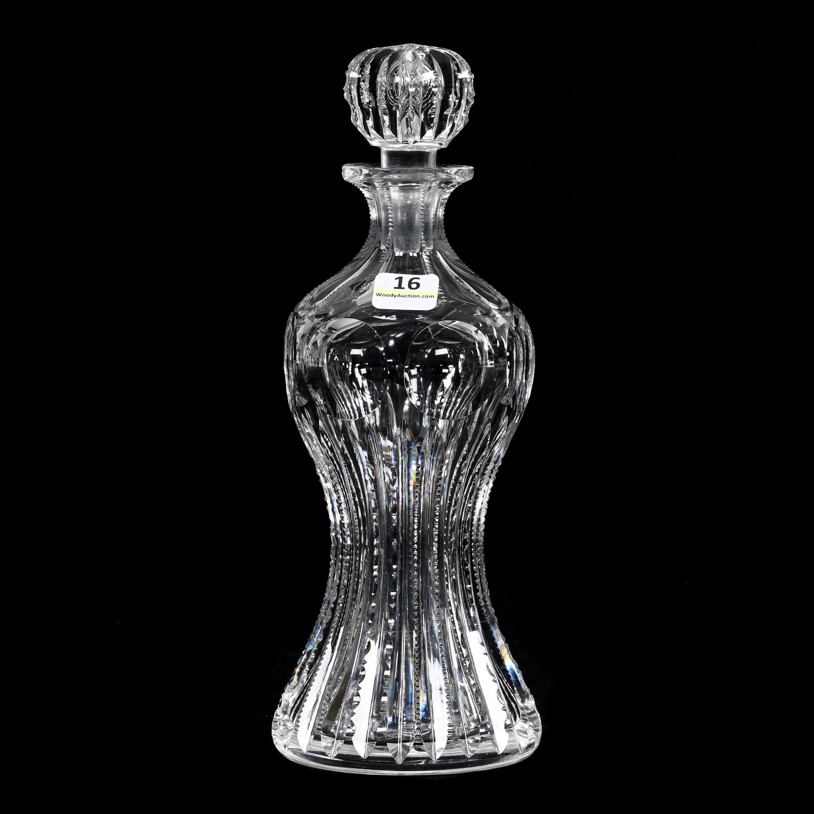 Decanter, Corset Shape, American Brilliant Cut Glass: Decanter, Corset Shape, American Brilliant Cut Glass, 10" x 3.75", Pattern Resembles Cambridge By Pairpoint, Pattern Cut Stopper, Ray Cut Base, Pattern Chips On Stopper, AL Private Collection
