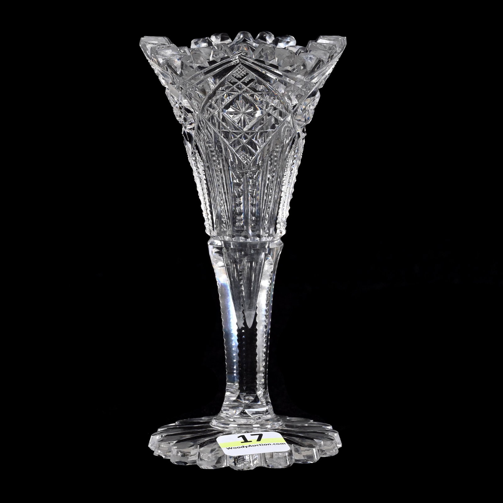 Miniature Trumpet Vase, ABCG, Signed J. Hoare: Miniature Trumpet Vase, American Brilliant Cut Glass, Signed J. Hoare, 5.5" x 2.75", Hindoo Pattern, Scalloped Ray Cut Foot, Slanted Tooth Chip, Two Tooth Chips, One Outside Rim Chip, AL Private Colle