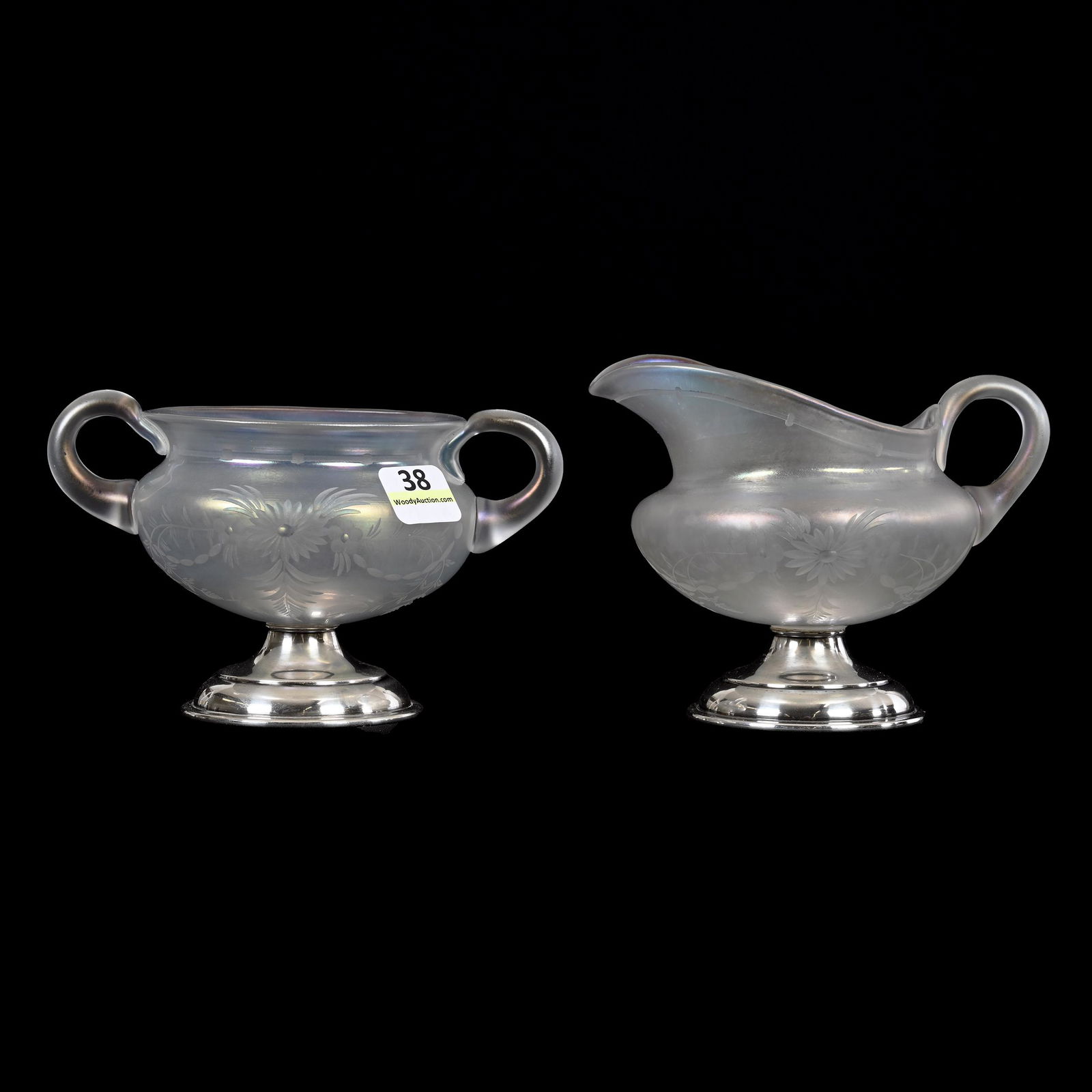 Creamer & Sugar Set: Creamer & Sugar Set, 3.75" x 5.5", Unmarked Iridescent Verre De Soie Art Glass With Engraved Floral Decor, Sterling Silver Foot, CT Private Collection